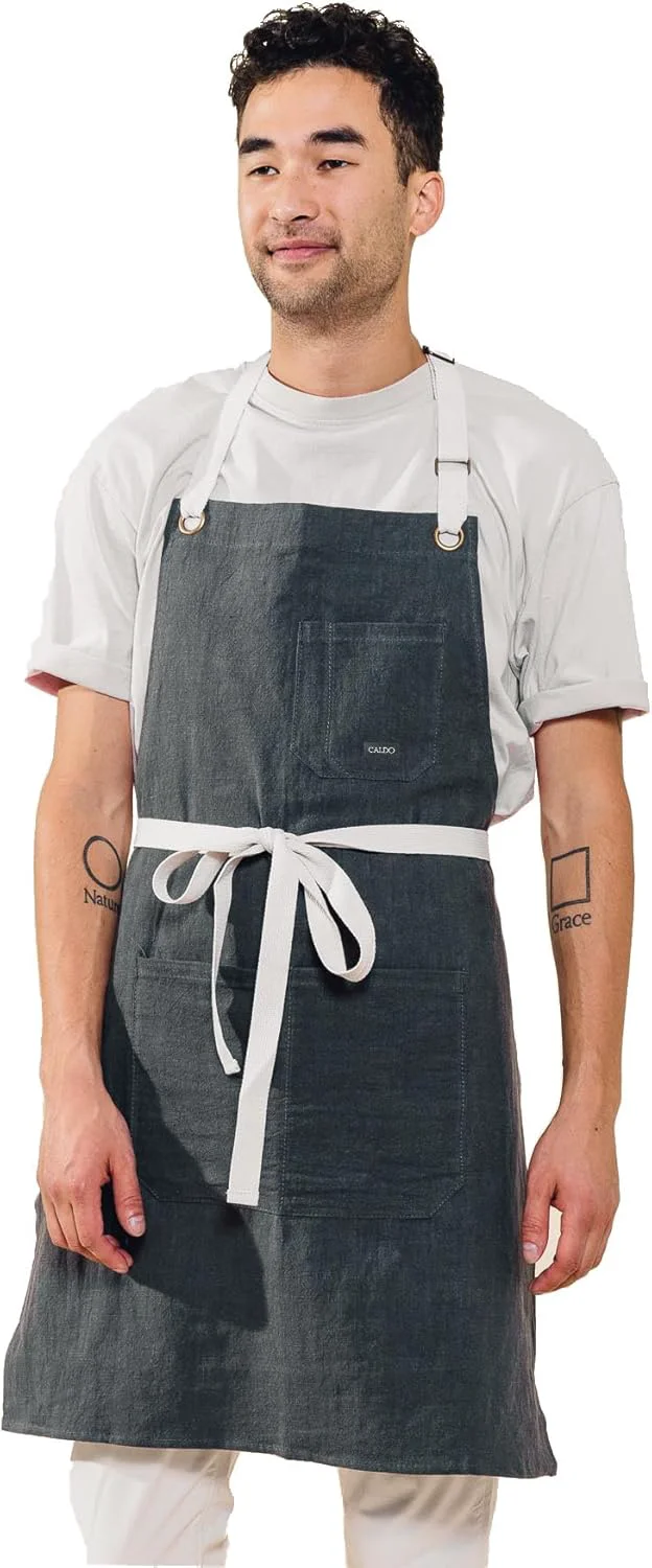 Traditional Caldo Linen Kitchen Apron for Cooking- Mens and Womens Linen Bib Apron for Professional Chef Server or Barista – Adjustable with Pockets Slate Pure