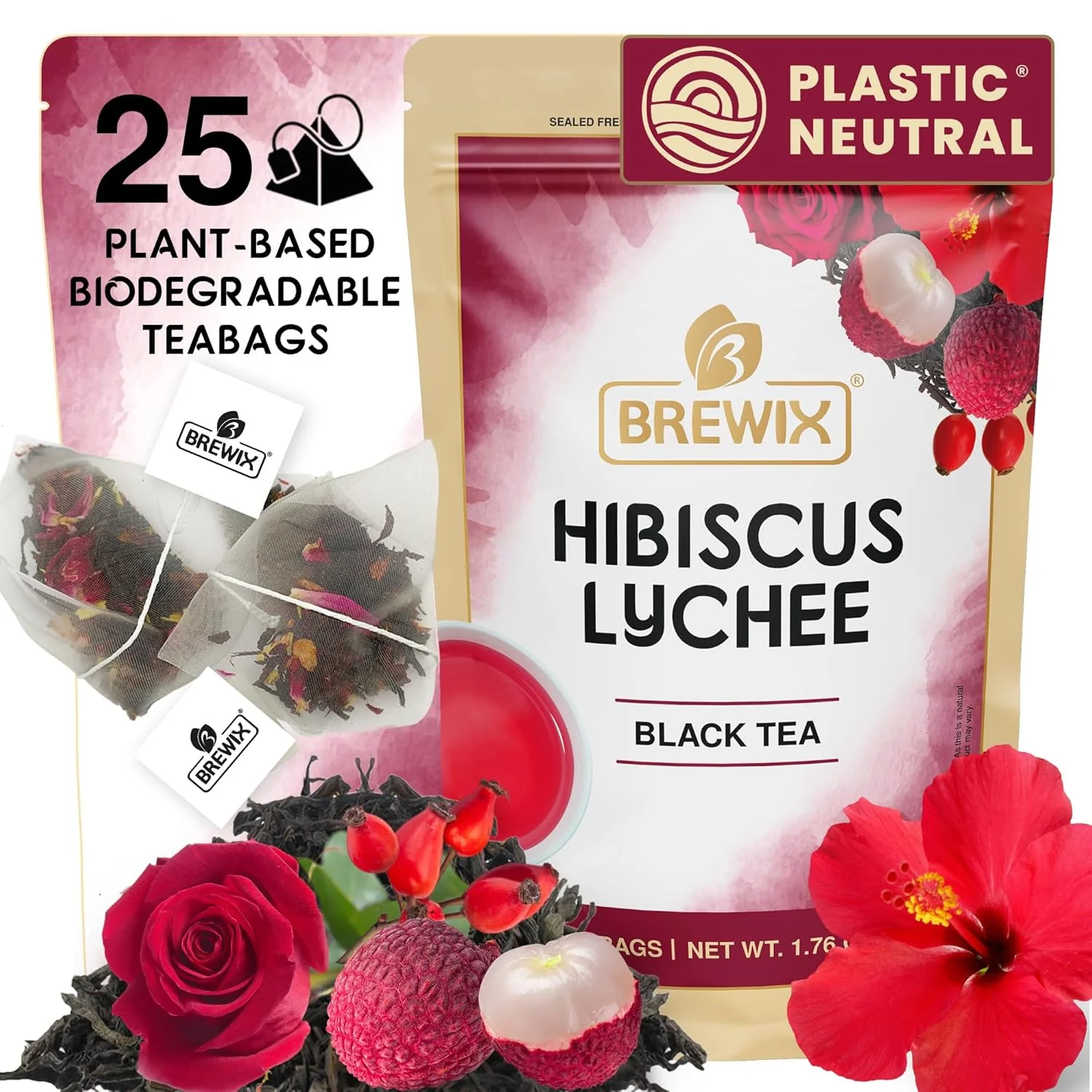 Prestigious Brewix Hibiscus Lychee Tea Bags 25 Plant Based Tea Bags Caffeine- Made with – Hibiscus Flowers Black Tea Rosehip Apple Licorice Crafted