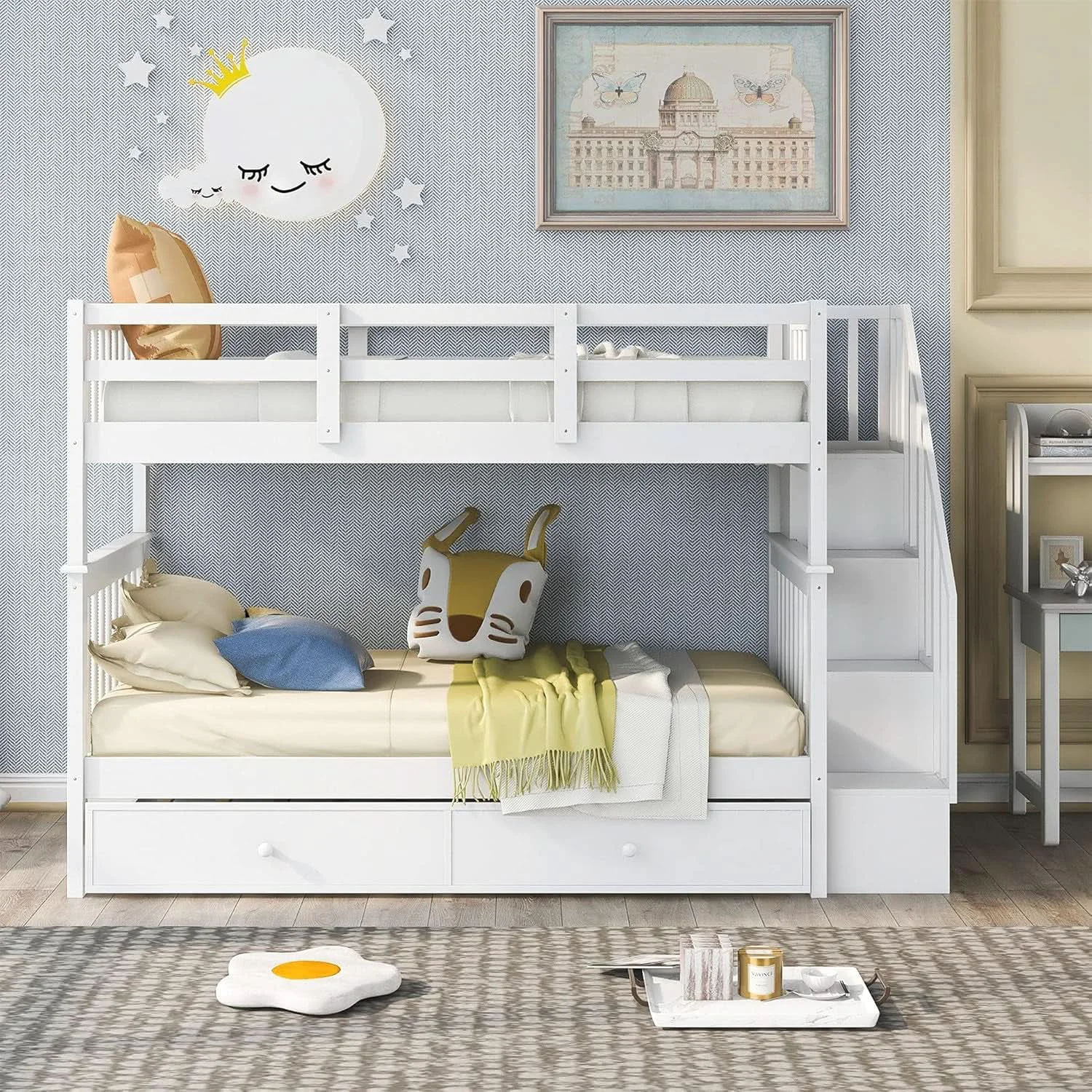 Contemporary Twin Over Twin Bunk Bed With Stairs And Trundle White Durable
