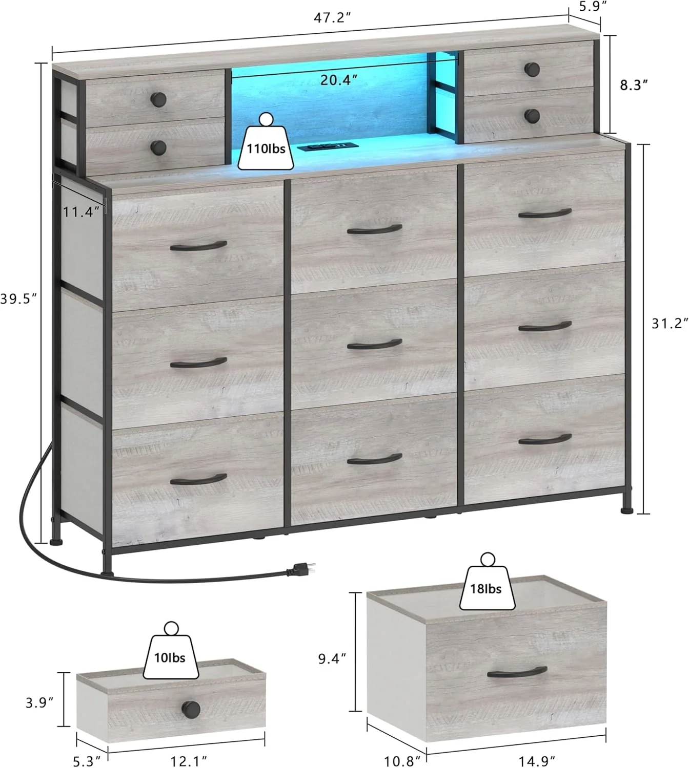 High-Grade Charcoal Long Dresser With Integrated Power Outlets Consistent