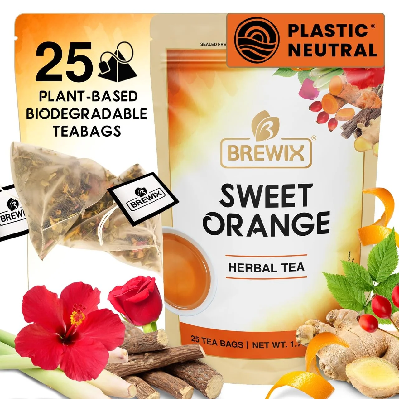 Dependable Brewix Sweet Orange Hibiscus Tea Bags 25 Pyramid Tea Bags Caffeine- Herbal Tea Ginger Hibiscus Spearmint Rosehip Turmeric Enhanced