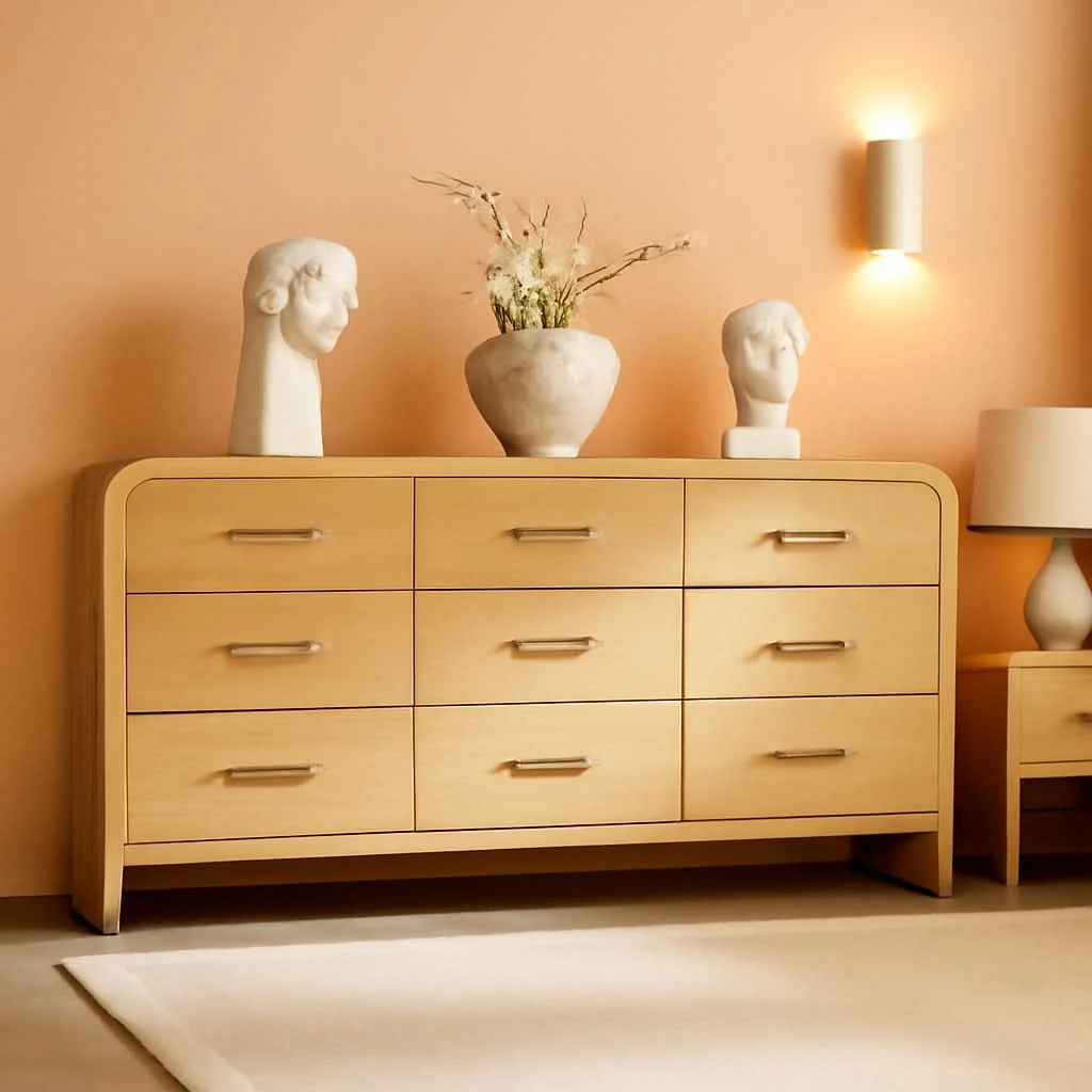 Stylish SolidOak Curved Nine Drawer Dresser SixtyThreeInches Fine Crafted