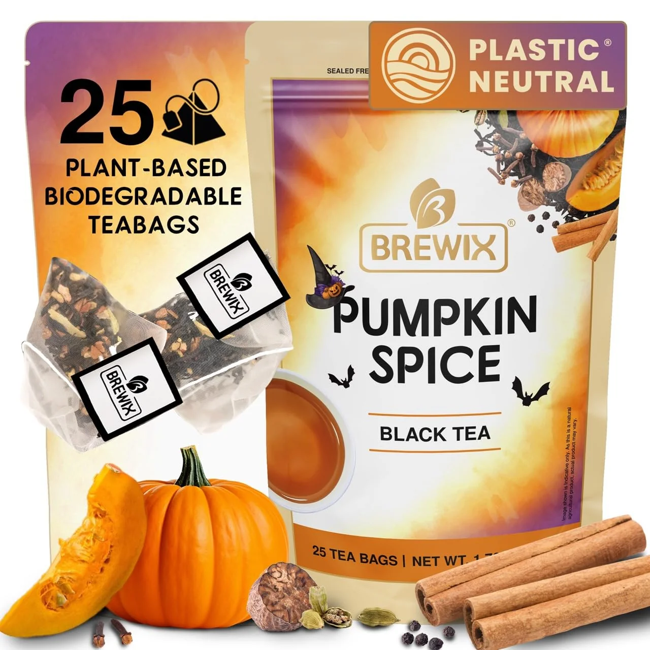 Lightweight Brewix Pumpkin Spice Black Tea Bags 25 Pyramid Bags Cozy Fall Blend with Cinnamon Ginger Nutmeg Clove Caffeinated Warm Aromatic Sustainable