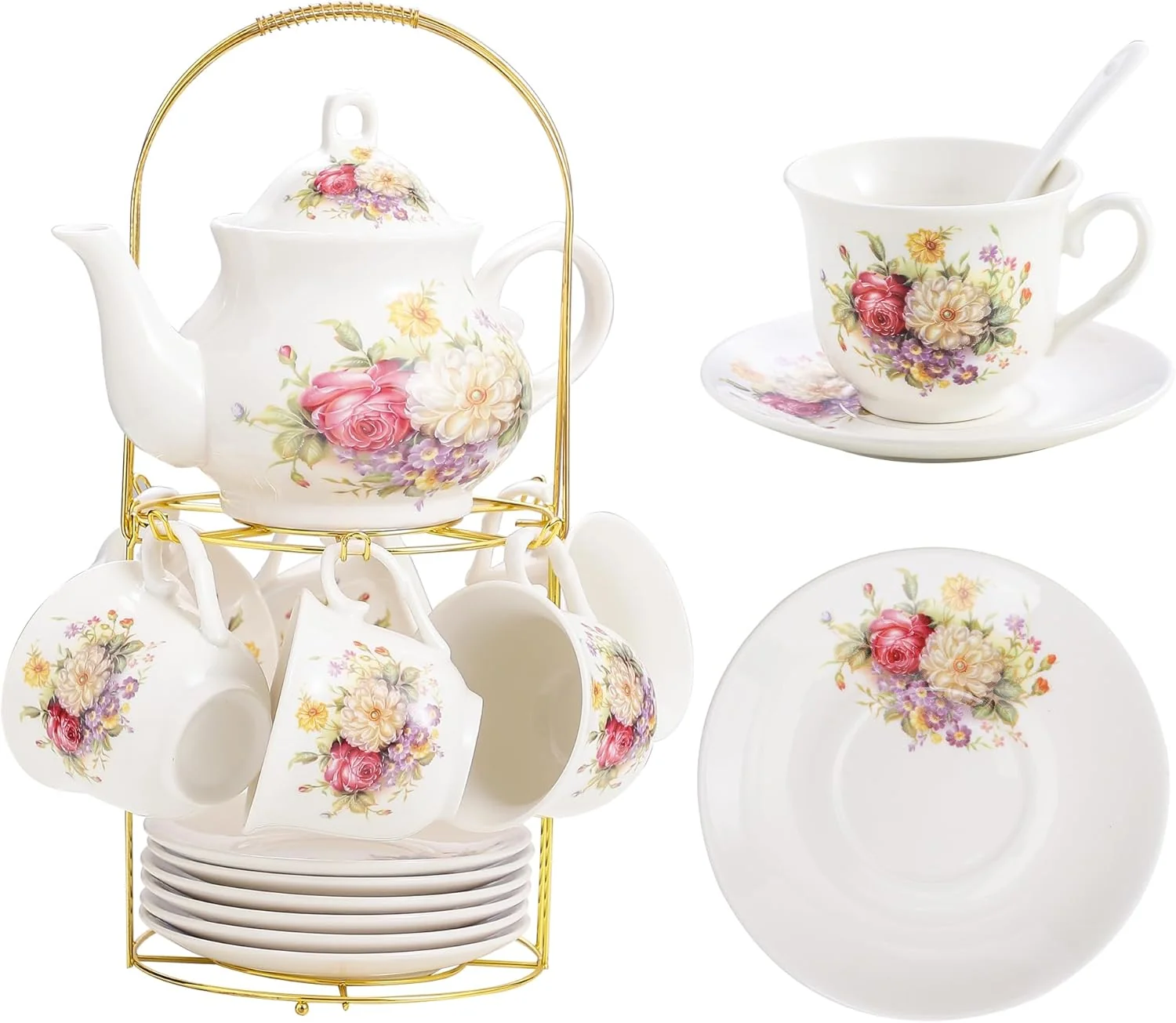 High-End 20-Pieces Porcelain Tea Sets For Women Tea Set For Adult with Golden Metal Rack Tea Gift Sets for Home Party 012 Long-Lasting