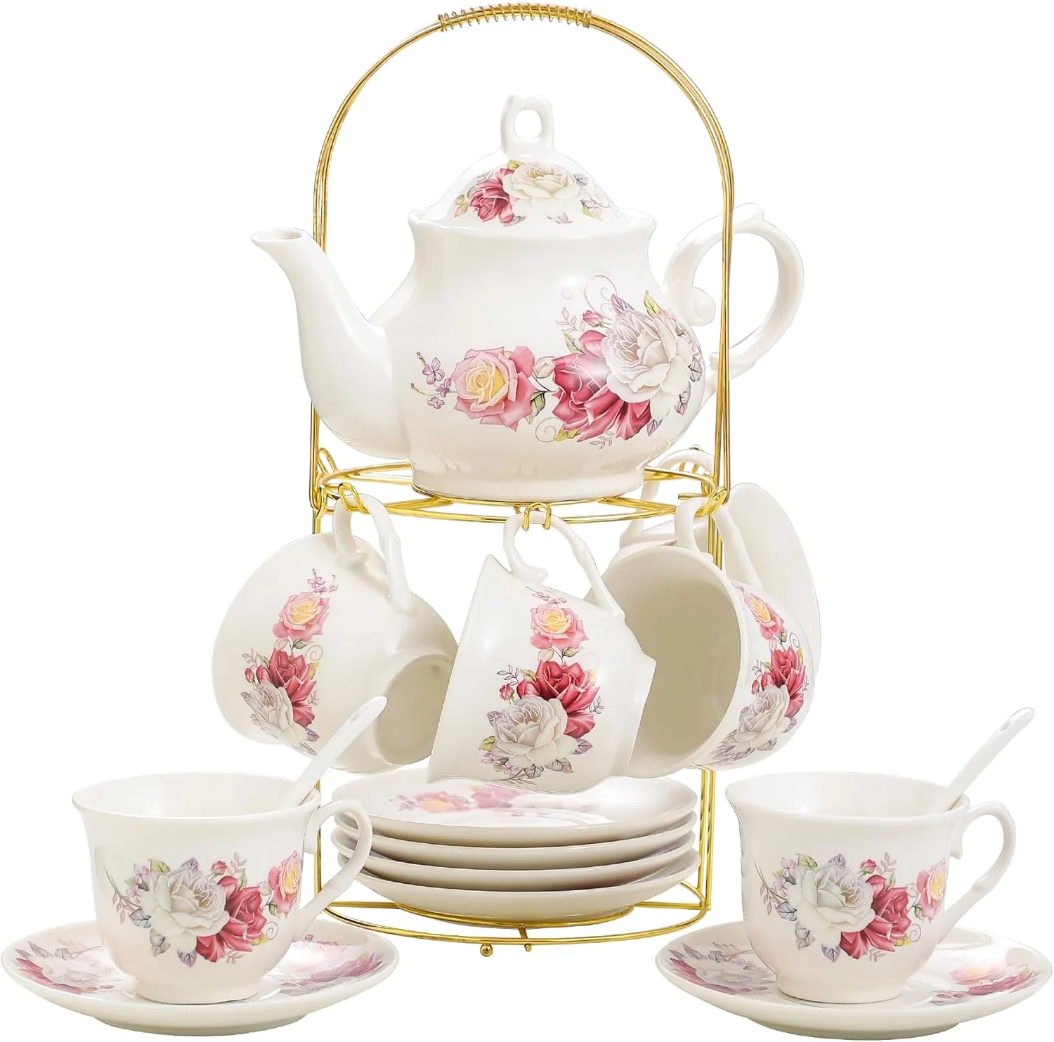 Reliable 20-Pieces Porcelain Bone china Tea Sets Gold Rim Coffee Set with Golden Metal Rack Tea Gift Sets for Home Party 003 Prestigious