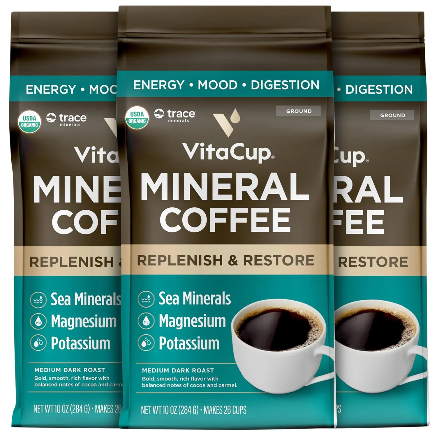Top-Quality VitaCup Mineral Organic Medium Dark Roast Ground Coffee 30oz 3 Bags Single Origin Electrolytes Sea Minerals Versatile