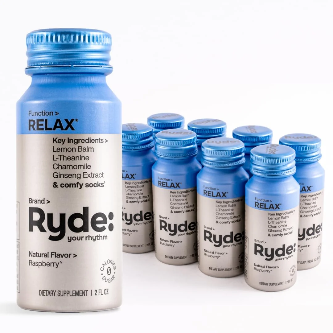 Functional Ryde Relax Shot Raspberry Flavor Lemon Balm L-Theanine Ginseng Chamomile 0 Calories 0 Sugar 2 FL OZ Shots Helps You Relax 8 Pack Durable