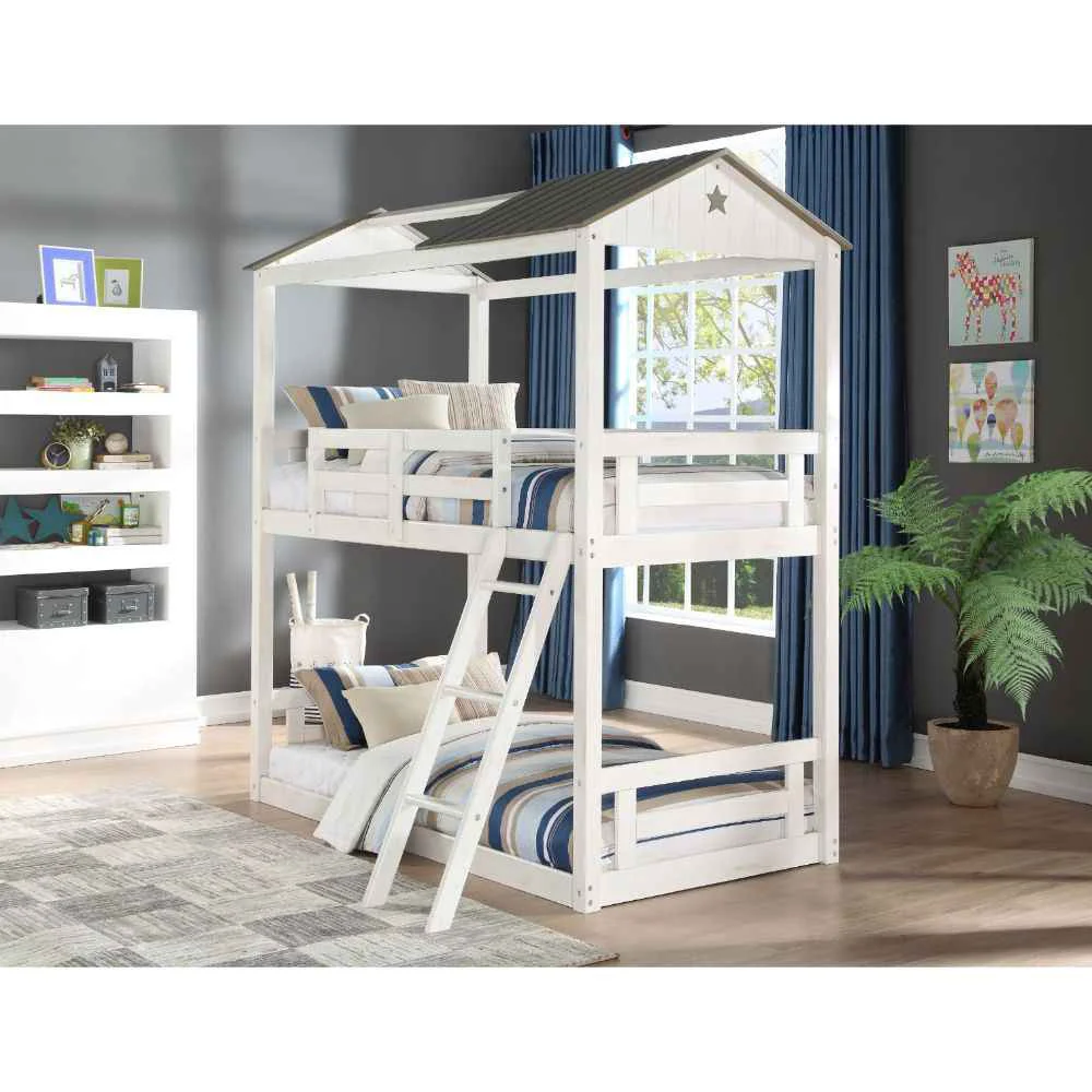 Luxury Nadine Cottage – Twin Over Twin Bunk Bed – Weathered White Washed Gray Verified