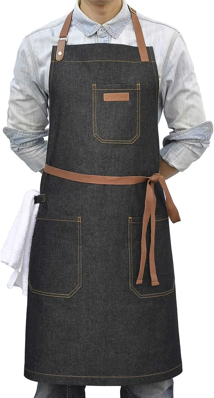 High-End Denim Chef Apron with Pockets Mens Womens Professional Kitchen Bib Black Apron for Cooking Grill BBQ Server Relaxed