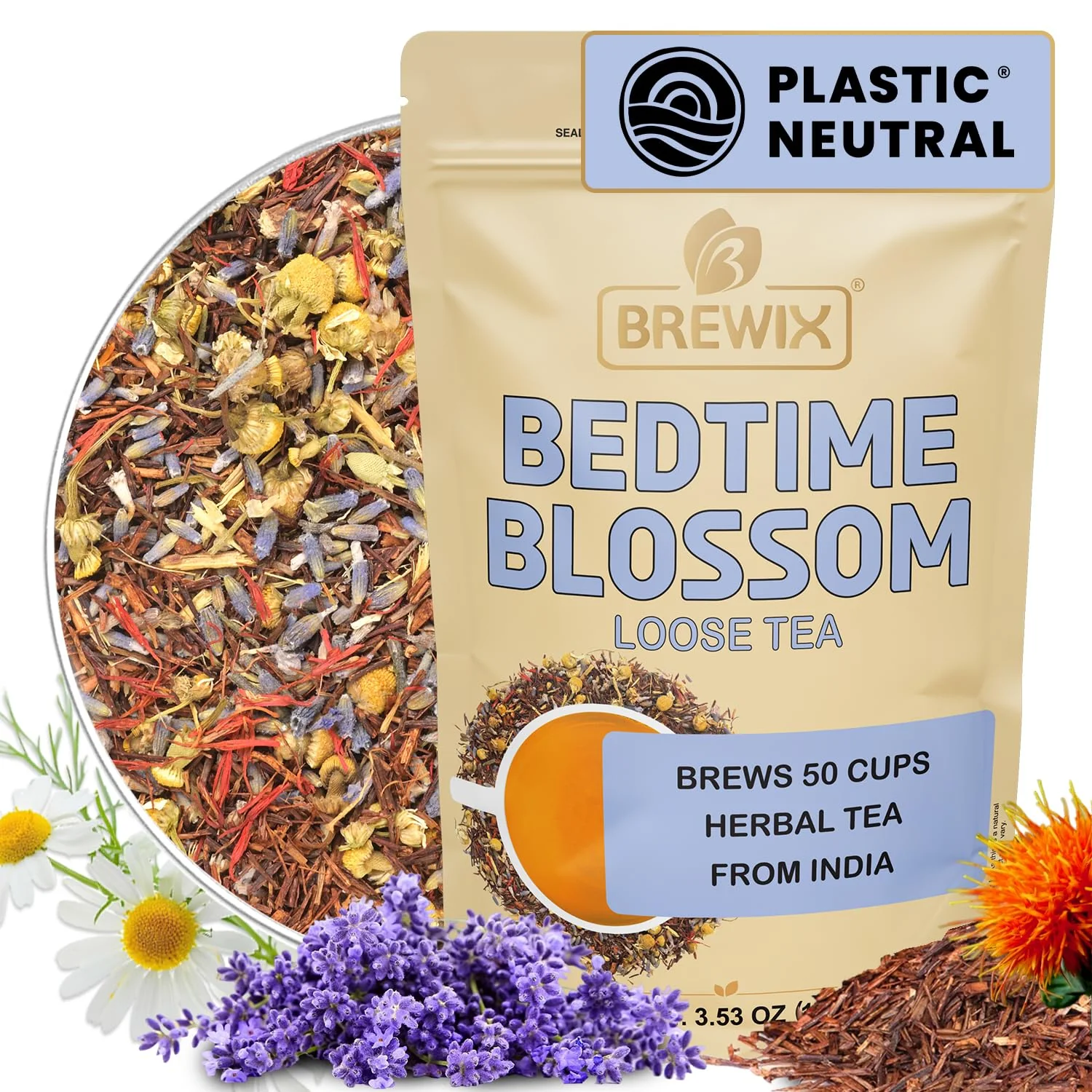 Eco-Friendly Brewix Bedtime Blossom Calming Tea For Sleep 50 Cups Herbal All Natural Supports a Good Night s Sleep Night Time Caffeine with Rooibos Verified