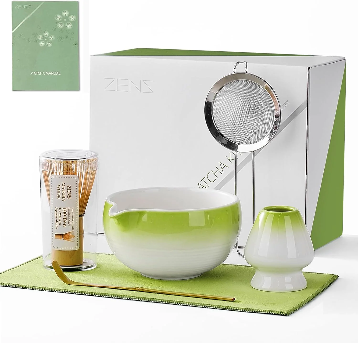 Easy-to-Use ZENS Premium Matcha Whisk Set 6pcs Matcha Kit for Tea Ceremony Green Complete Matcha Set Whisk and Bowl Bamboo Whisk Chasen Holder Scoop 304 Sifter and Tea Mat for Latte Making Outstanding
