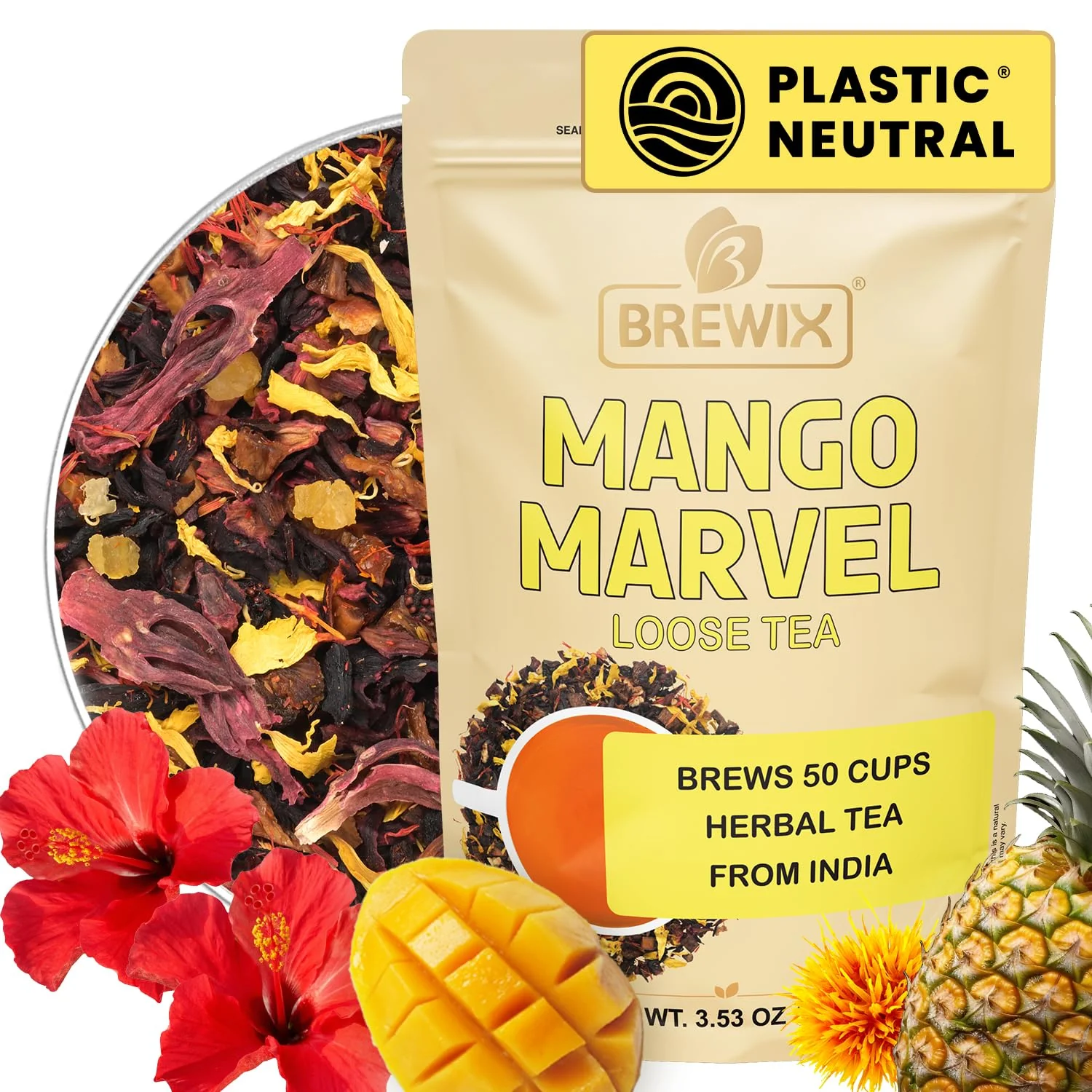 Traditional BREWIX Mango Marvel Herbal Loose Leaf Tea 50 Cups 3.53oz 100g Caffeine- Fruit Tea with Hibiscus Mango Pineapple amp Strawberry Antioxidant-Rich Tropical Tea Hot or Iced Resealable Recyclable