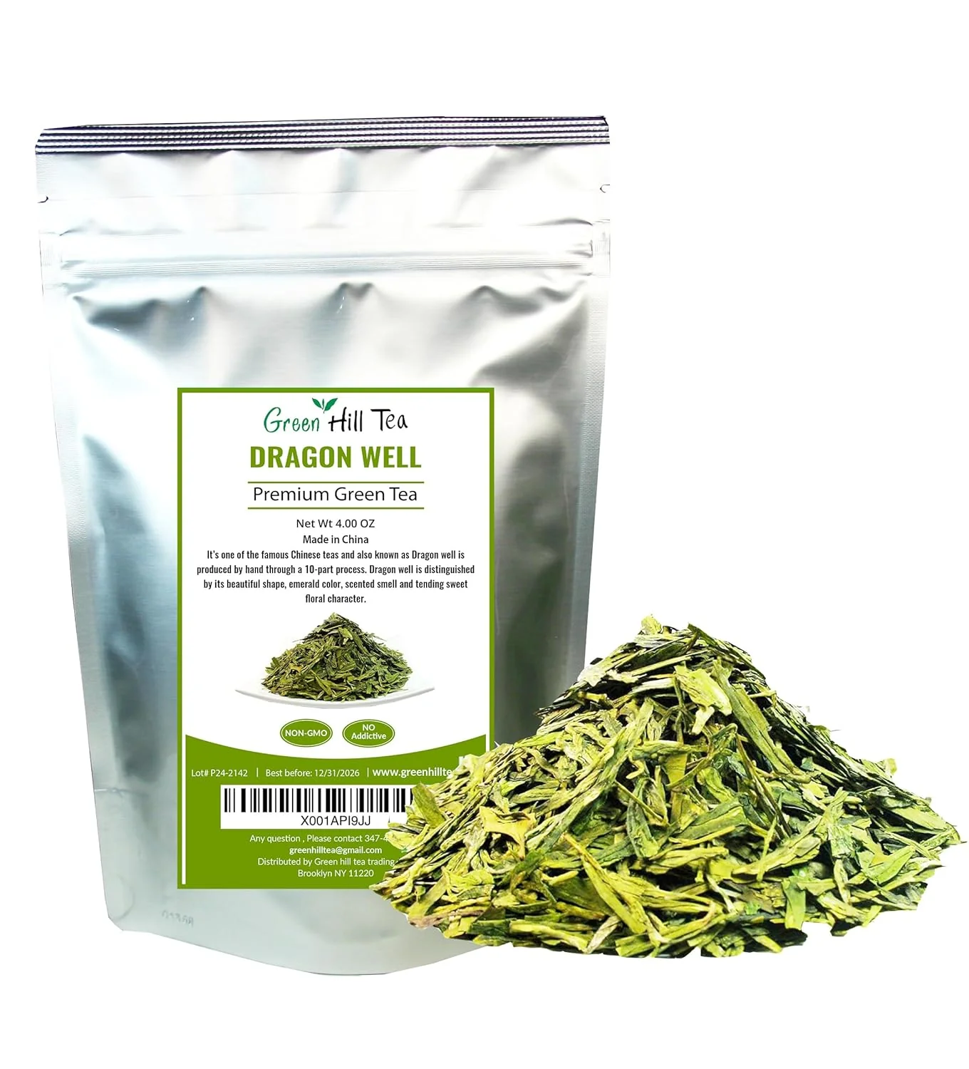 Unique Greenhilltea Dragon Well green tea a classic Chinese Green tea distinguished by its color shape and taste- 4 OZ Bag Selected
