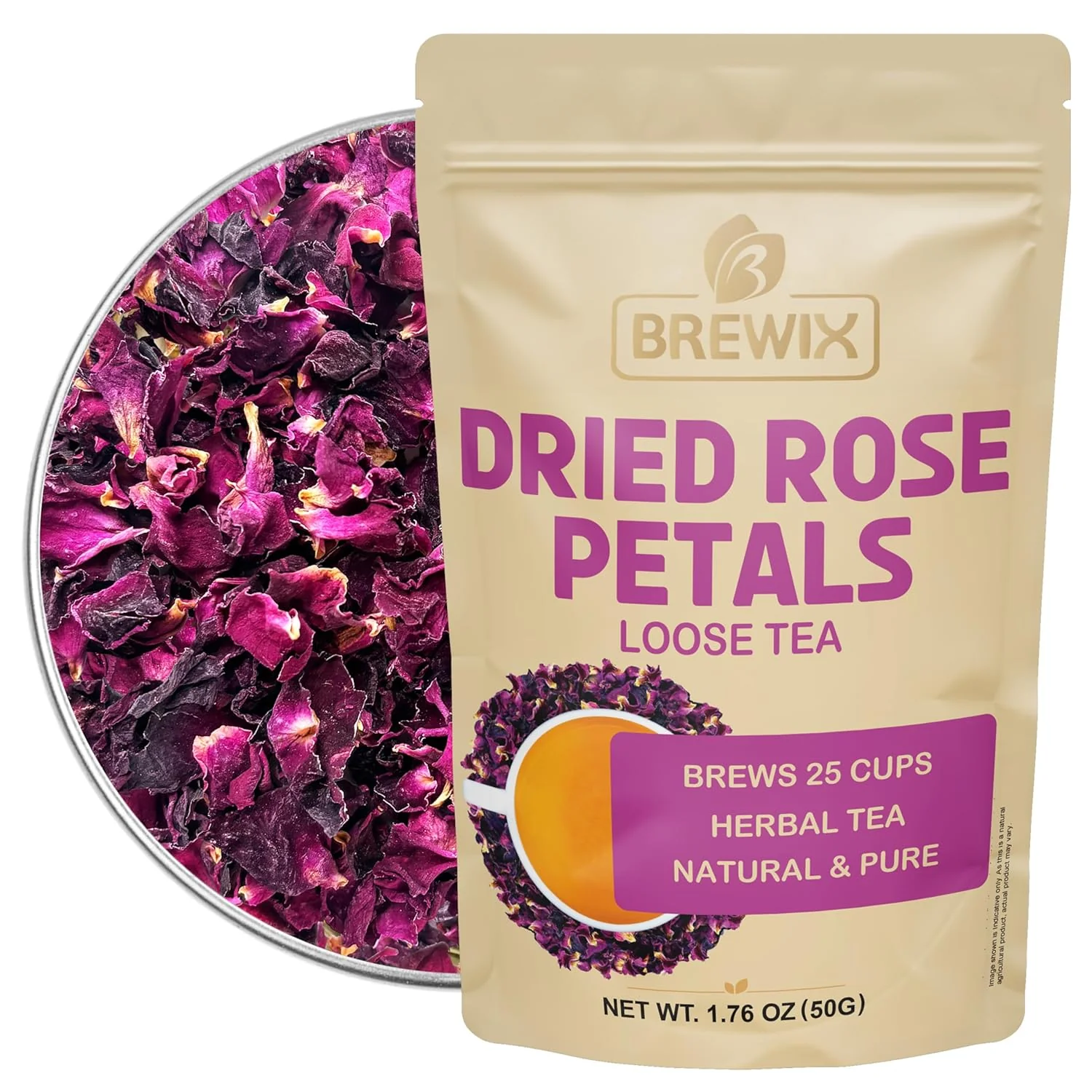 Proven Brewix Pure Dried Rose Petals Loose Tea 25 Cups 1.76oz 50g Edible Flowers for Cocktails Garnishing Drinks Tea Baking Desserts Bread Cake Bath Easy-to-Use