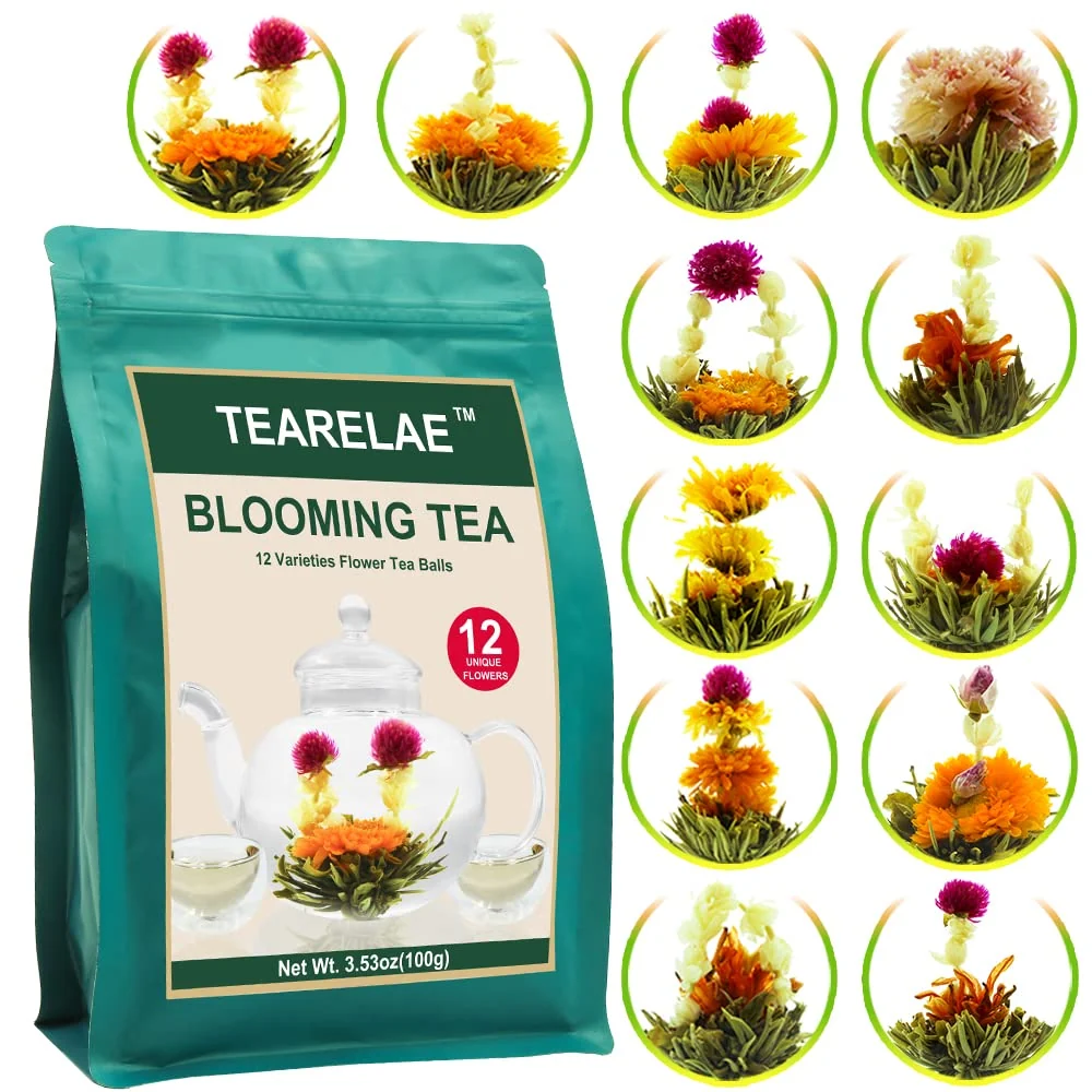 Minimalist Tearelae Blooming Tea Flowers – 12pcs Individually Sealed Flowering Balls – Hand-Tied Natural Green Tea Leaves Edible Flowers – Gifts For Lovers Smooth