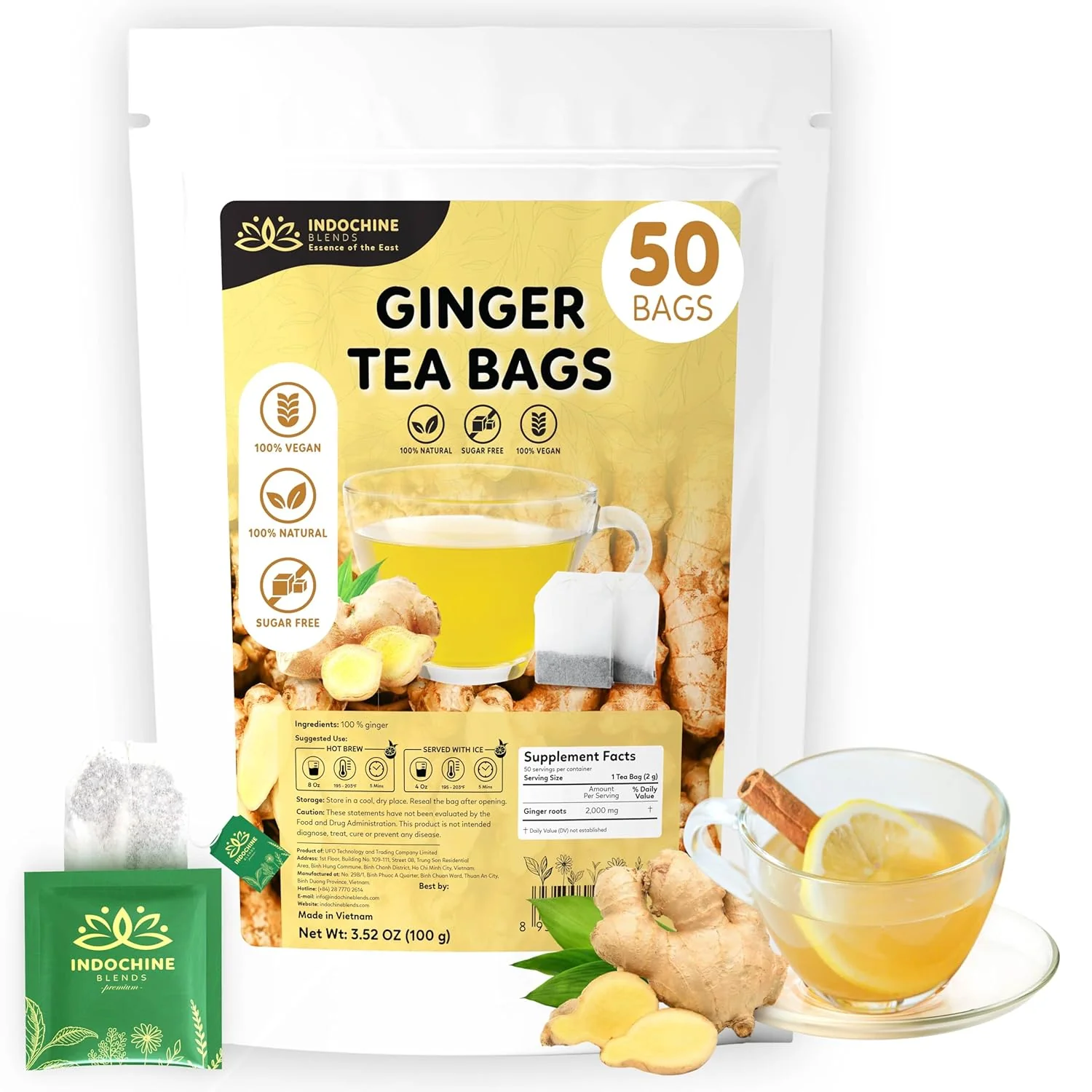 Carefully Designed Indochine Blends Ginger Tea Bags 50 Teabags 2g bag Individually Wrapped Envelopes Caffeine- No Sugar Durable