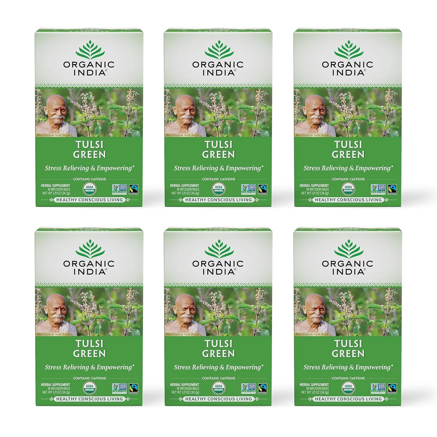 Smooth Organic India Tulsi Green Tea Bags – Holy Basil Tea African Basil Stress Relieving Immune Support USDA Organic Premium Darjeeling Green Tea Caffeinated – 18 Infusion Bags 6 Pack Recyclable