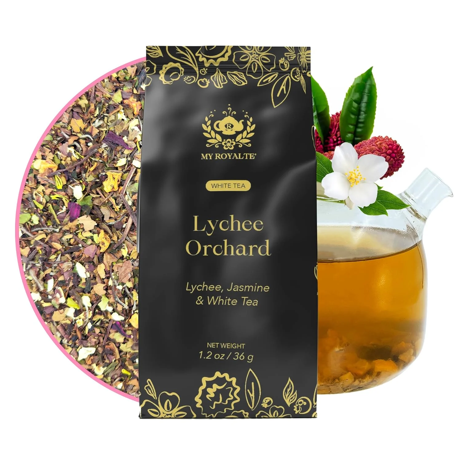 Stylish MyRoyalte Exquisite Jasmine Lychee White Tea Blend – 1.3 oz Fragrant White Tea Infused with Sweet Jasmine and Refreshing Lychee Flavors Organic