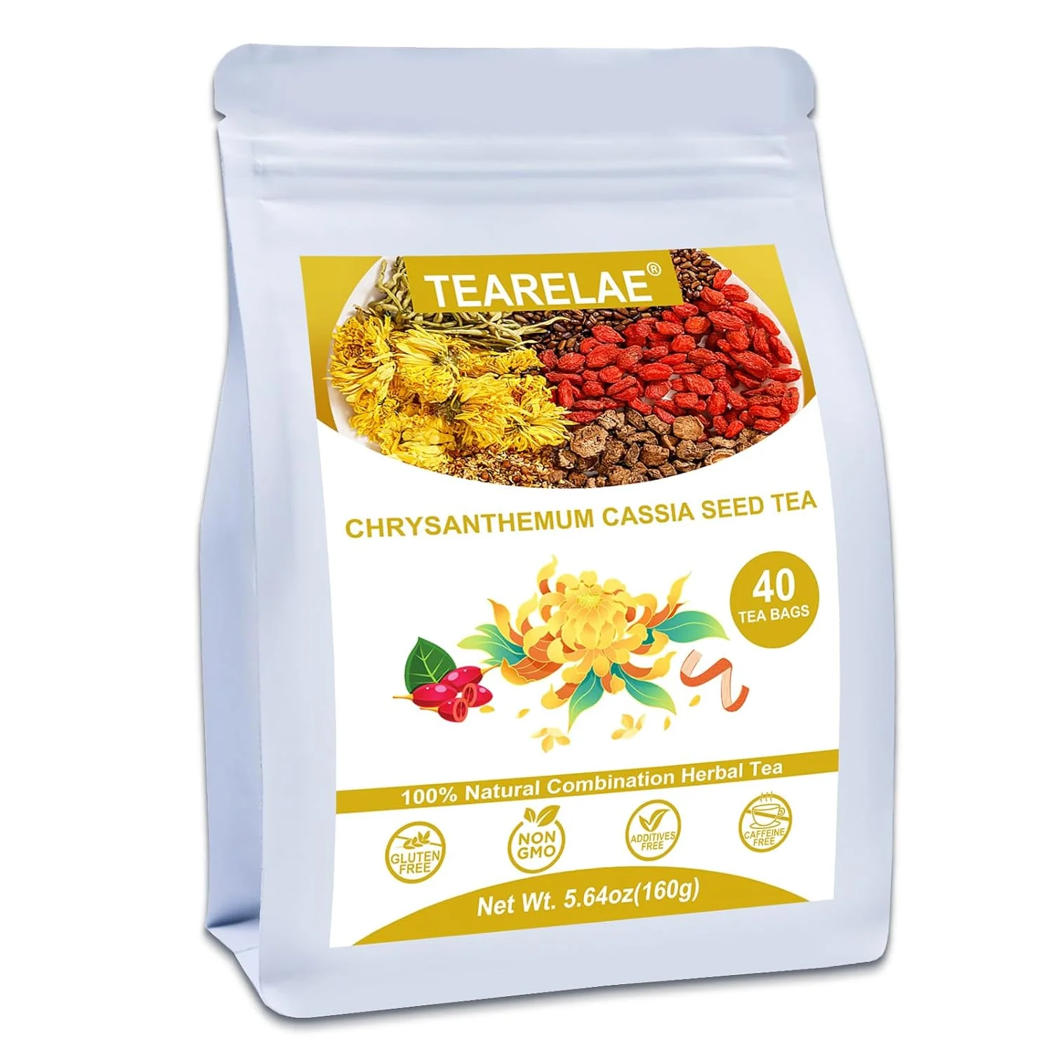 Stylish TEARELAE Chrysanthemum Cassia Seed Tea 4g x 40 Tea Bags Gentle Daily Brew Herbal Blend With Burdock Root Goji Berry Honeysuckle amp Osmanthus Refreshing Herbal Mix Non-GMO Caffeine- Secure