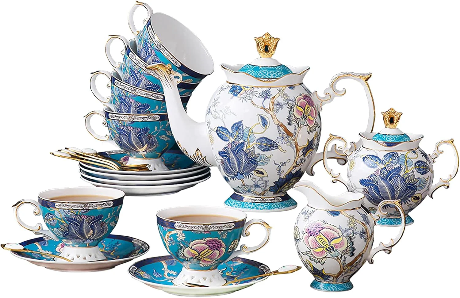 Carefully Designed Acmlife Tea Sets for Adults for 6 Blue Tea Set with Cups Fine Bone China 24K Gold Tea Pot and Cups Set Comfortable