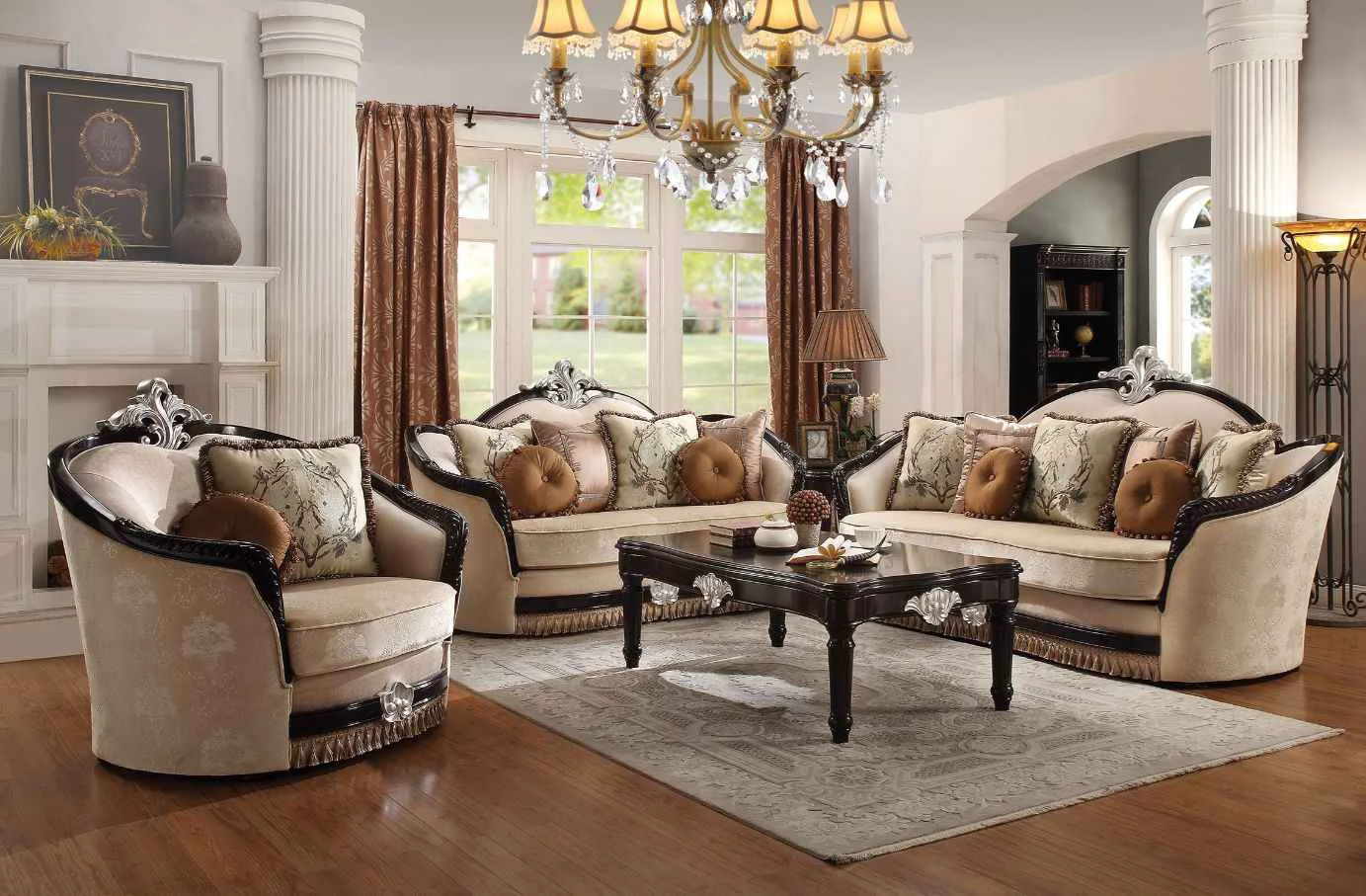 Trendy Ernestine – Sofa With 7 Pillows – Tan Fabric Black Detailed