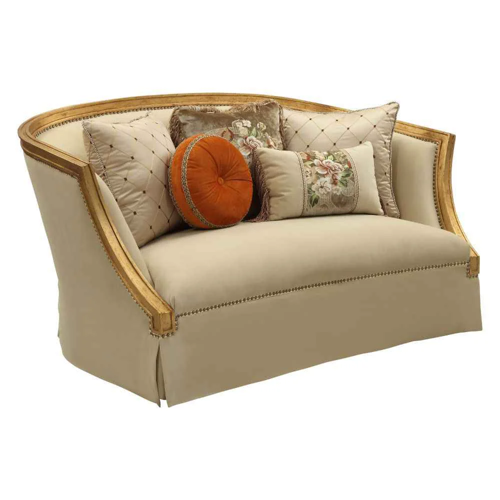 Stylish Daesha – Loveseat With 5 Pillows – Tan Flannel Antique Gold Green