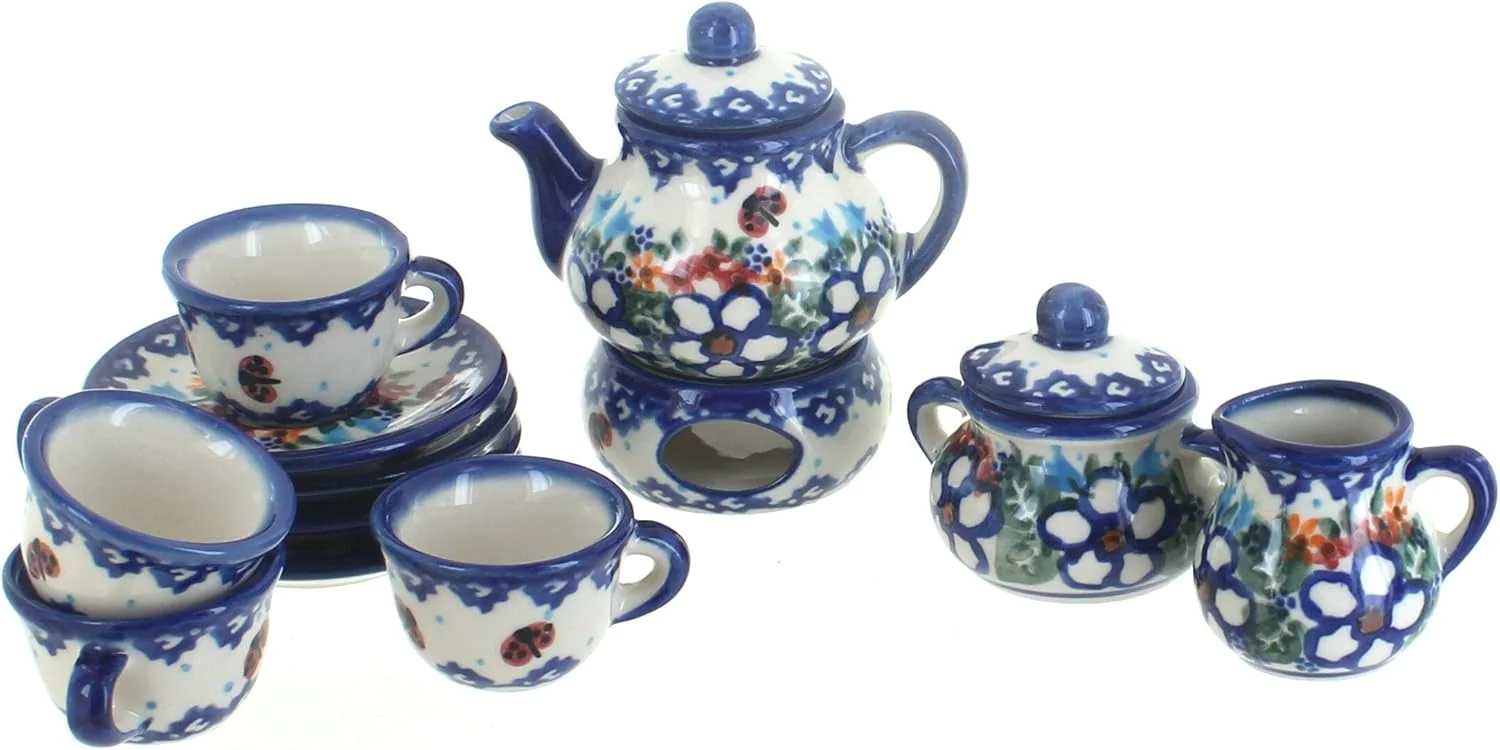 First-Class Blue Rose Polish Pottery – Blue Scarlett Miniature Tea Set – 1 Set – Polish Pottery Collectible Tea Set with Teapot Cups Decorative Gift Effective