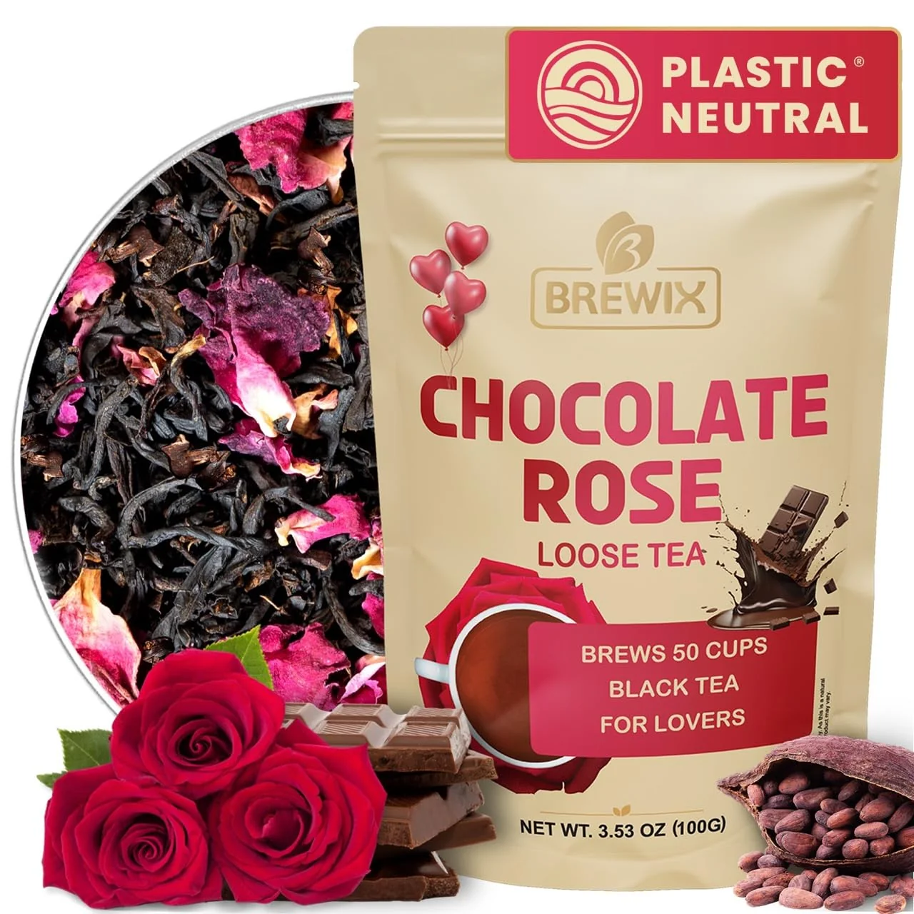 Fast BREWIX Chocolate Rose Black Tea Loose Leaf 50 Cups 3.53oz – Naturally Sweet Dessert Tea with Cocoa amp Rose Petals Caffeinated Hot or Iced Traditional