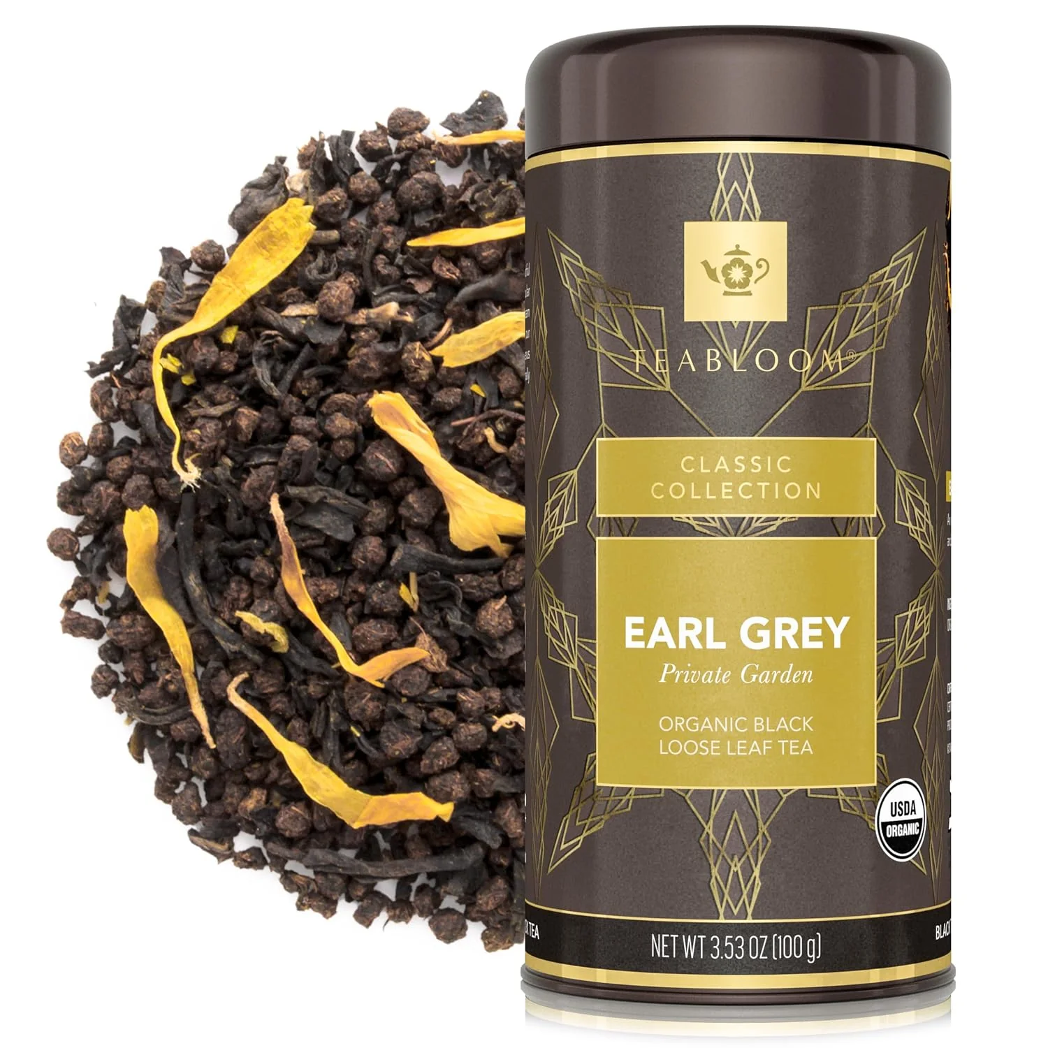 Contemporary Teabloom Organic Black Tea Earl Grey Private Garden Loose Leaf Tea Classic Assam Whole Leaf Blend USDA Organic Kosher 3.53 Ounce Loose Leaf Tea Canister Makes 35-50 Cups Relaxed