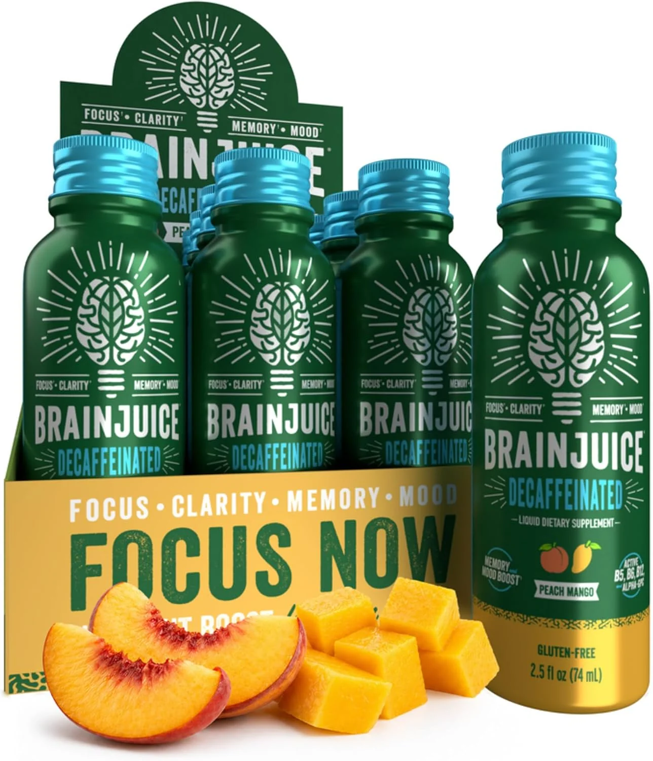 Environmentally Friendly BrainJuice Decaf Peach Mango Nootropic Supplement Shot 2.5 fl oz 12 Pack Natural