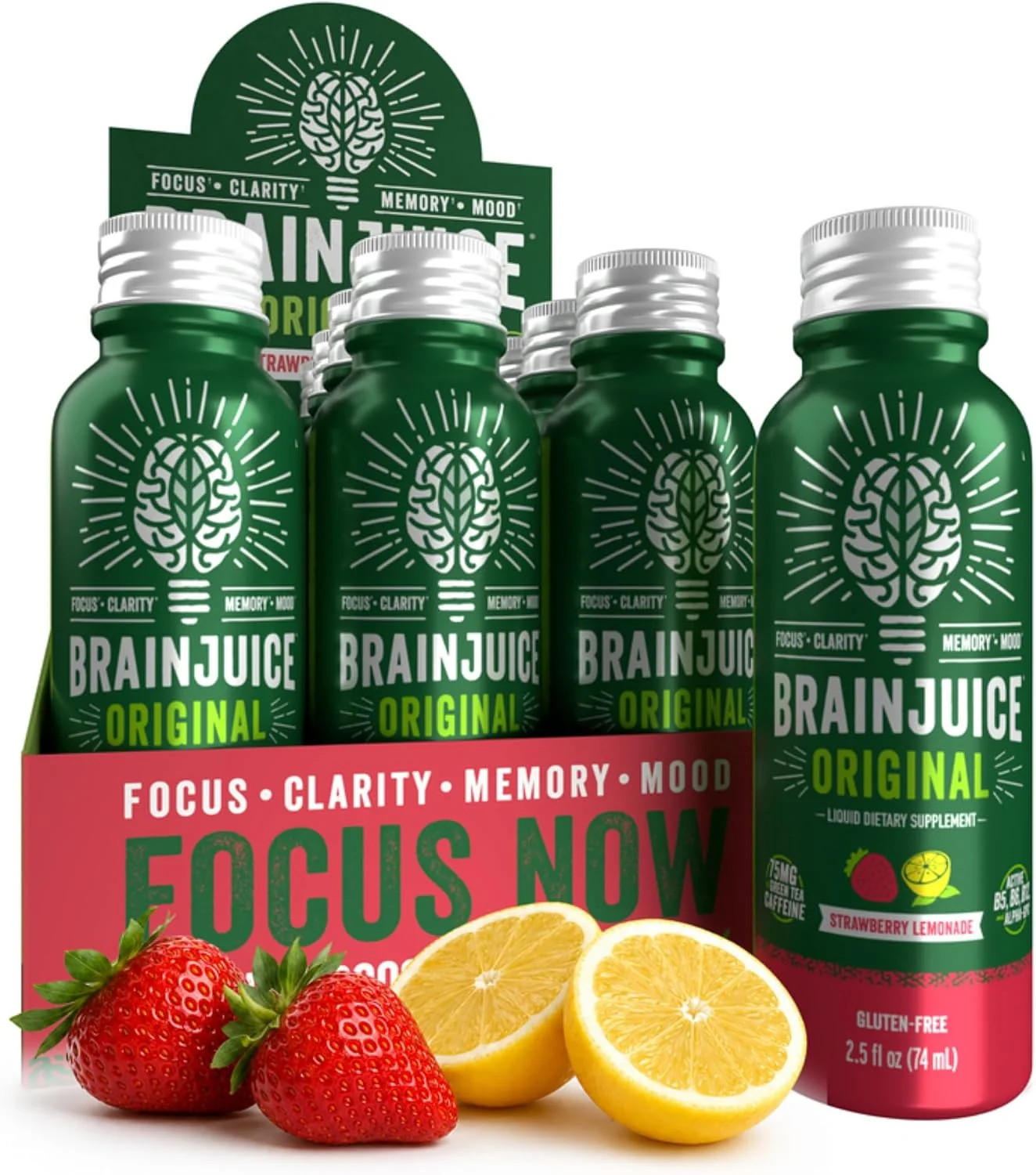 Optimized BrainJuice Strawberry Lemonade Nootropic Supplement Shot 2.5 fl oz 12 Pack Fine Crafted