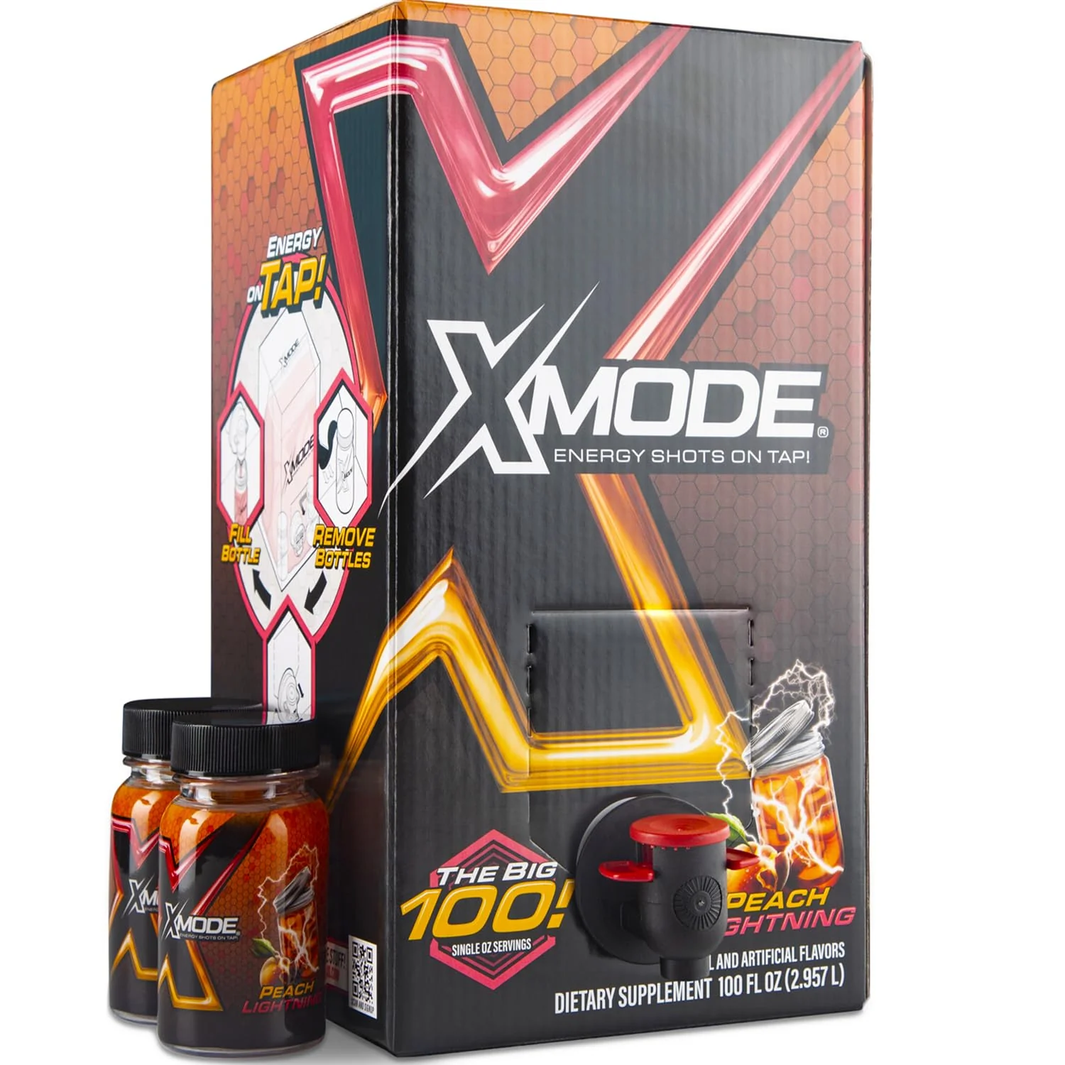 Soft XMODE Energy Shots on Tap Dispenser – 100 1oz Servings with 2 Refillable Bottles Peach Lightning Flavor Extra Strength with 150mg Caffeine oz B12 and Sugar Reusable