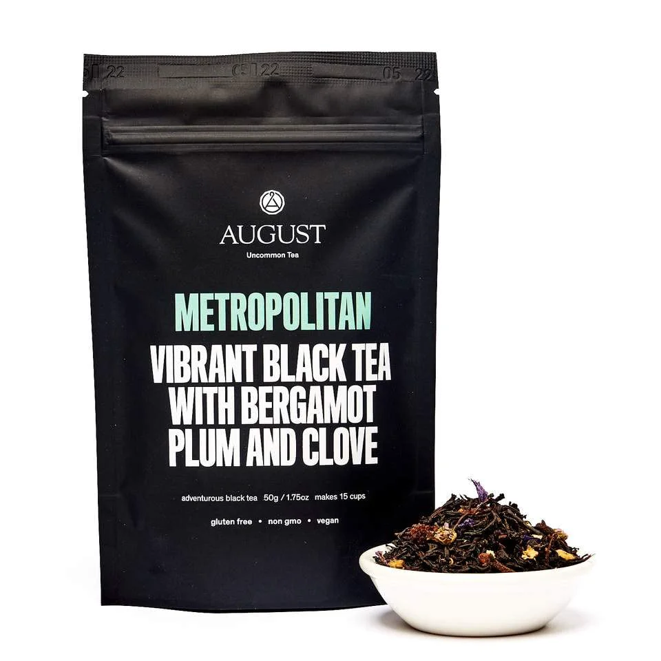 First-Class August Uncommon Metropolitan Bergamot Plum Earl Grey Black Tea 1.8oz Handcrafted Loose Leaf Tea for Daily Enjoyment – Strong and Aromatic with Bright Citrus Notes – Convenient Resealable Pouch Certified