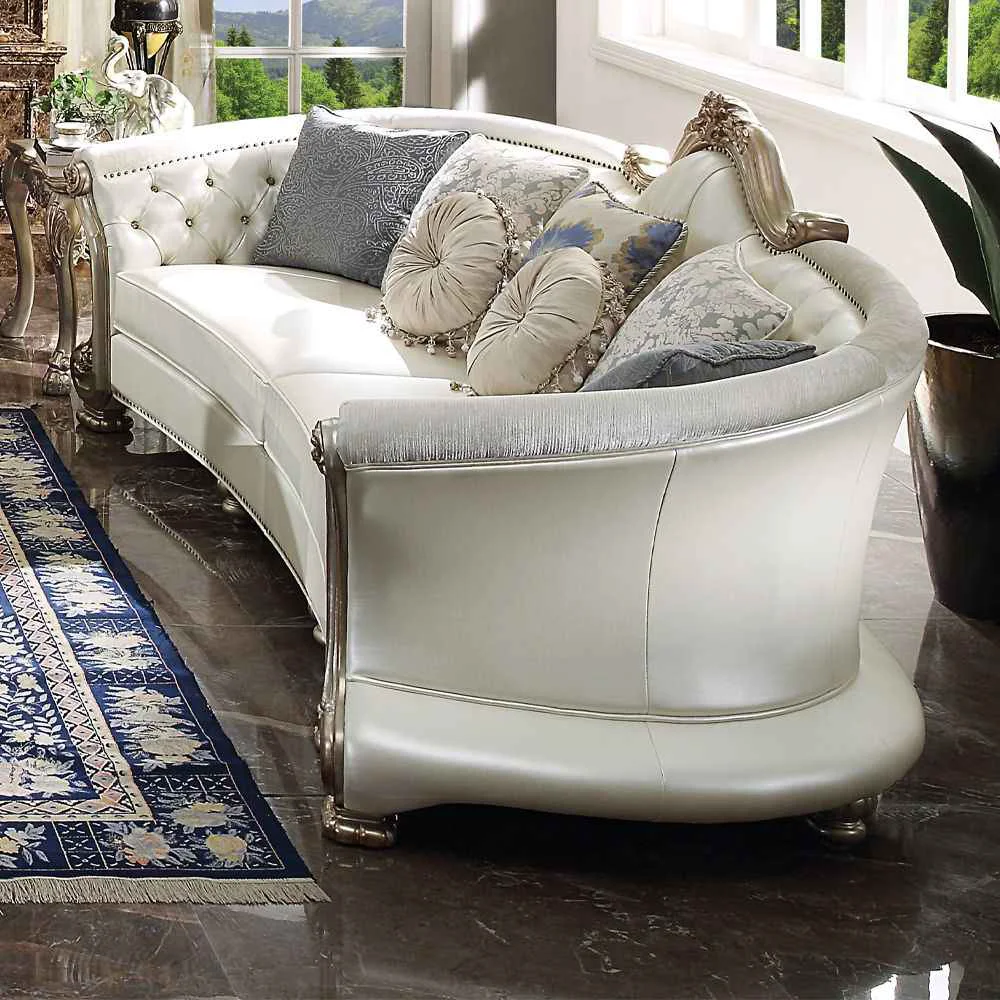 Official Dresden II – Sofa With 7 Pillows – Pearl Synthetic Leather Gold Patina Durable