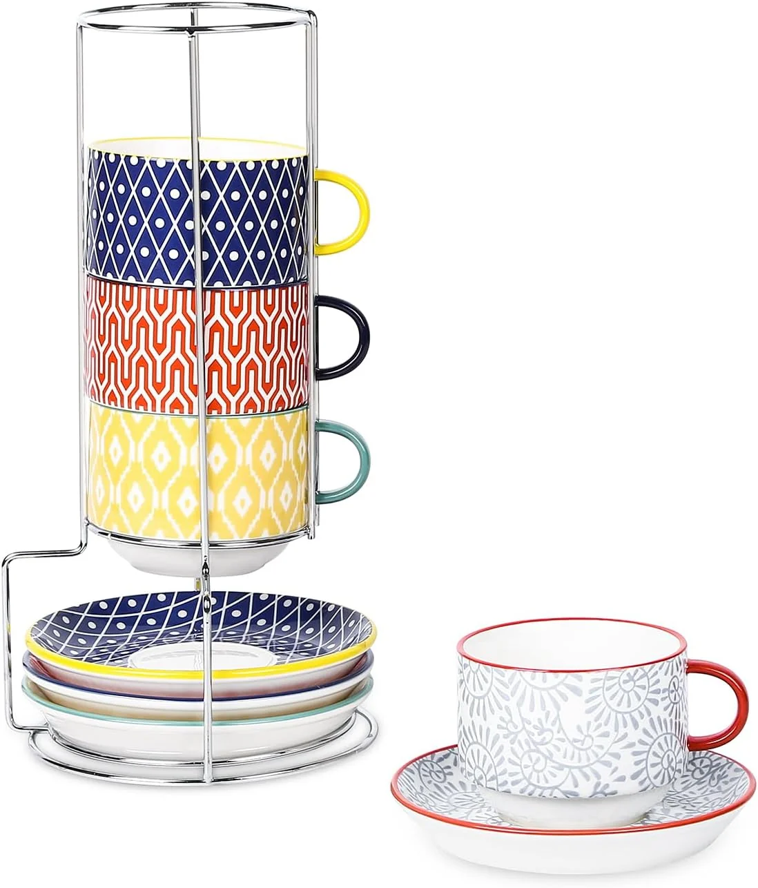 Flexible Selamica Ceramic Cappuccino Cups with Saucers and Metal Stand 8 OZ Stackable Espresso Coffee Cups for Coffee Latte Americano Tea Set of 4 Stylish