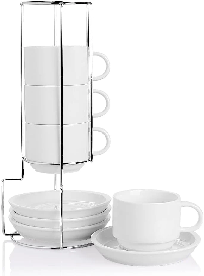 Natural Sweejar Porcelain Cappuccino Cups with Saucers and Metal Stand 8 Ounce Stackable Espresso Cups for Specialty Coffee Drinks Latte Americano Tea Powerful