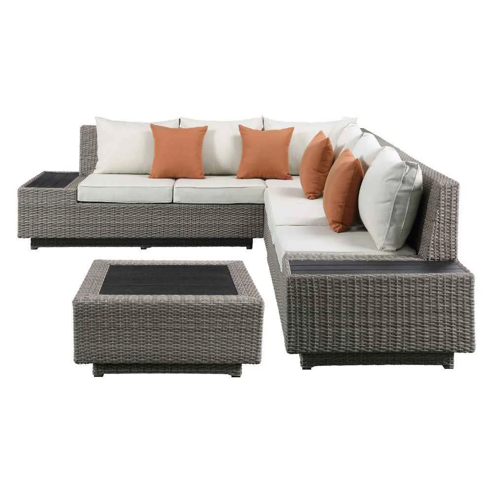 Certified na – Patio Sectional Sofa With 4 Pillows Coffee Table – Beige Fabric Gray Wicker Professional
