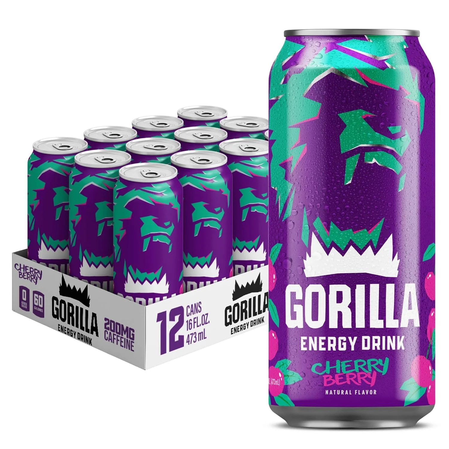 Smart Gorilla Energy Drink Cherry Berry 200mg Natural Caffeine Fruit Juice Squeezed amp Concentrated L-Theanine Taurine Ginseng Acetyl L-Carnitine No Added Sugar and No Artificial Colors 12 Pack Elite
