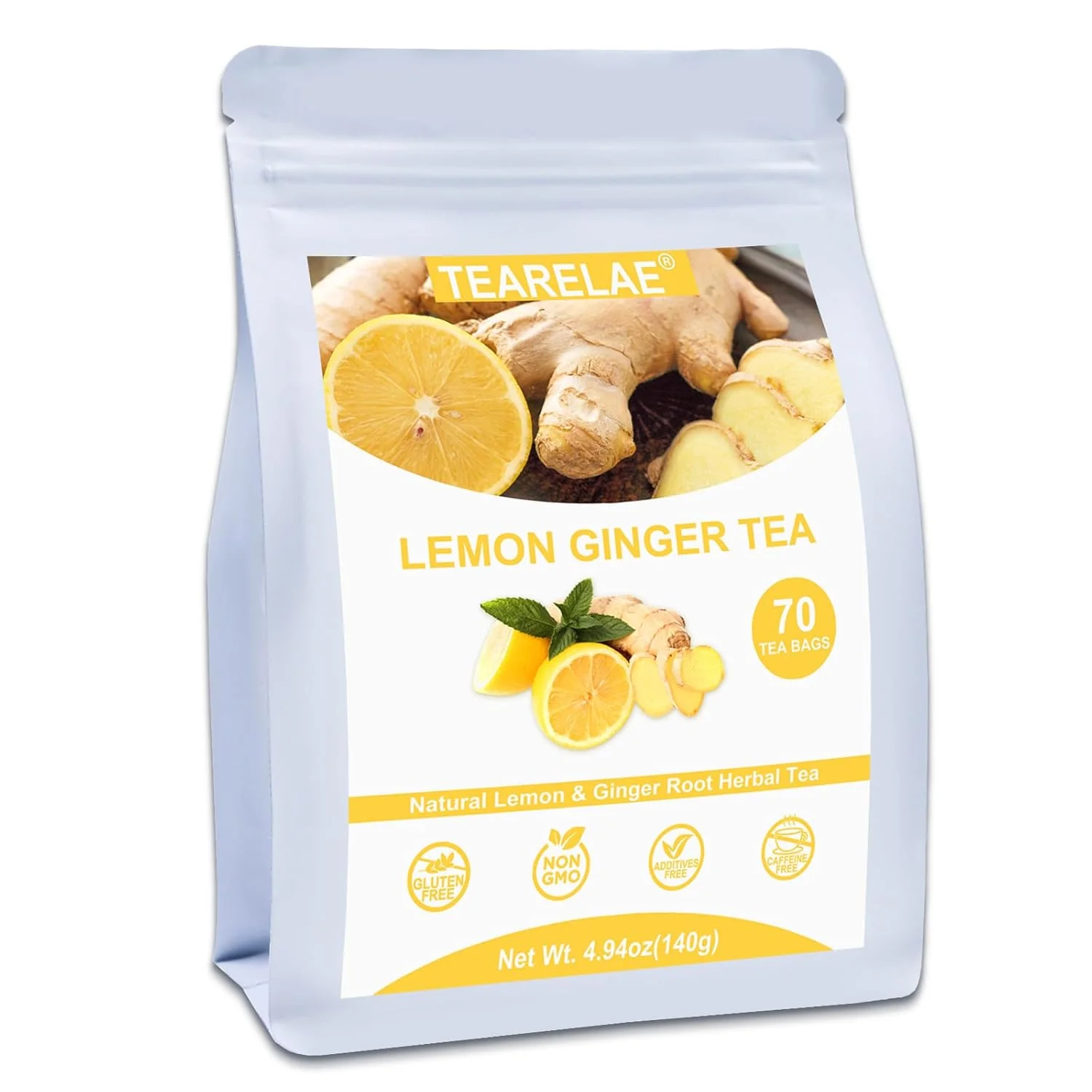 Durable Tearelae – Lemon Ginger Tea Bags 70 Count – Natural Pure Herbal Tea with Ginger Root Lemon Lemongrass – Non-GMO – Caffeine- Crafted