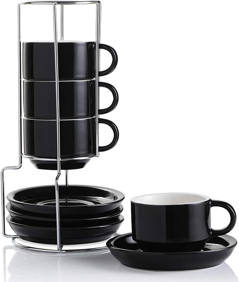 Traditional Sweejar Ceramic Espresso Cups with Saucers 4 Ounce Stackable Cappuccino Cups with Metal Stand for Coffee Drinks Latte Tea – Set of 4 Black Premium
