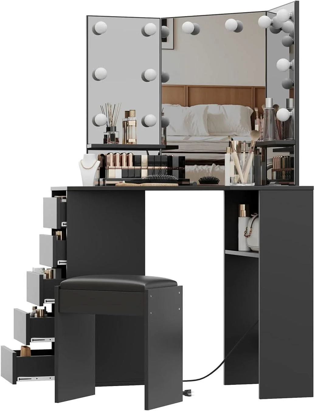 Green Corner Vanity Desk Black Illuminated Mirror Lights Original