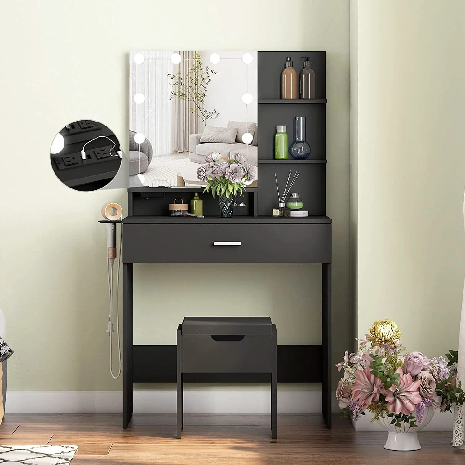 Lightweight Black Makeup Vanity Table With Lighted Mirror And USB Ports High-Performance