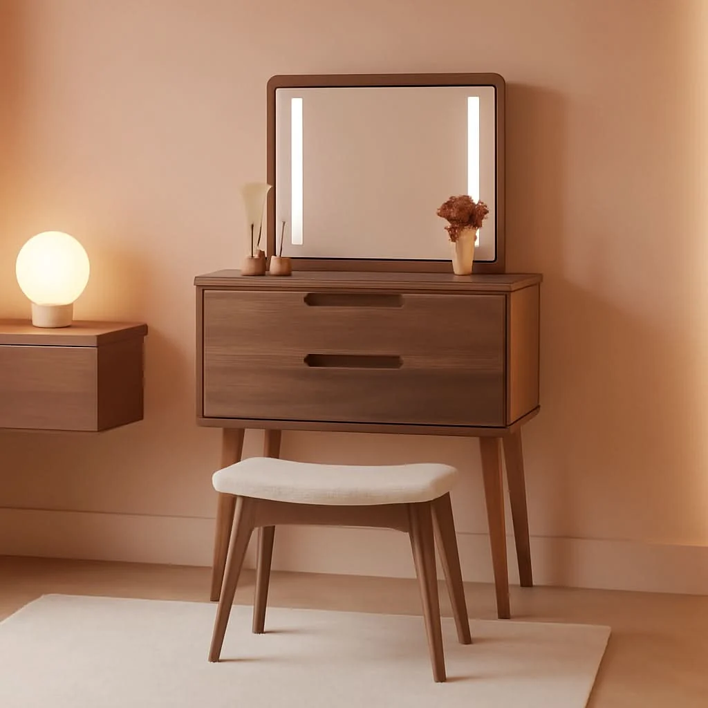 Expertly Made Walnut Finish Contemporary Vanity Desk Integrated Mirror Fast