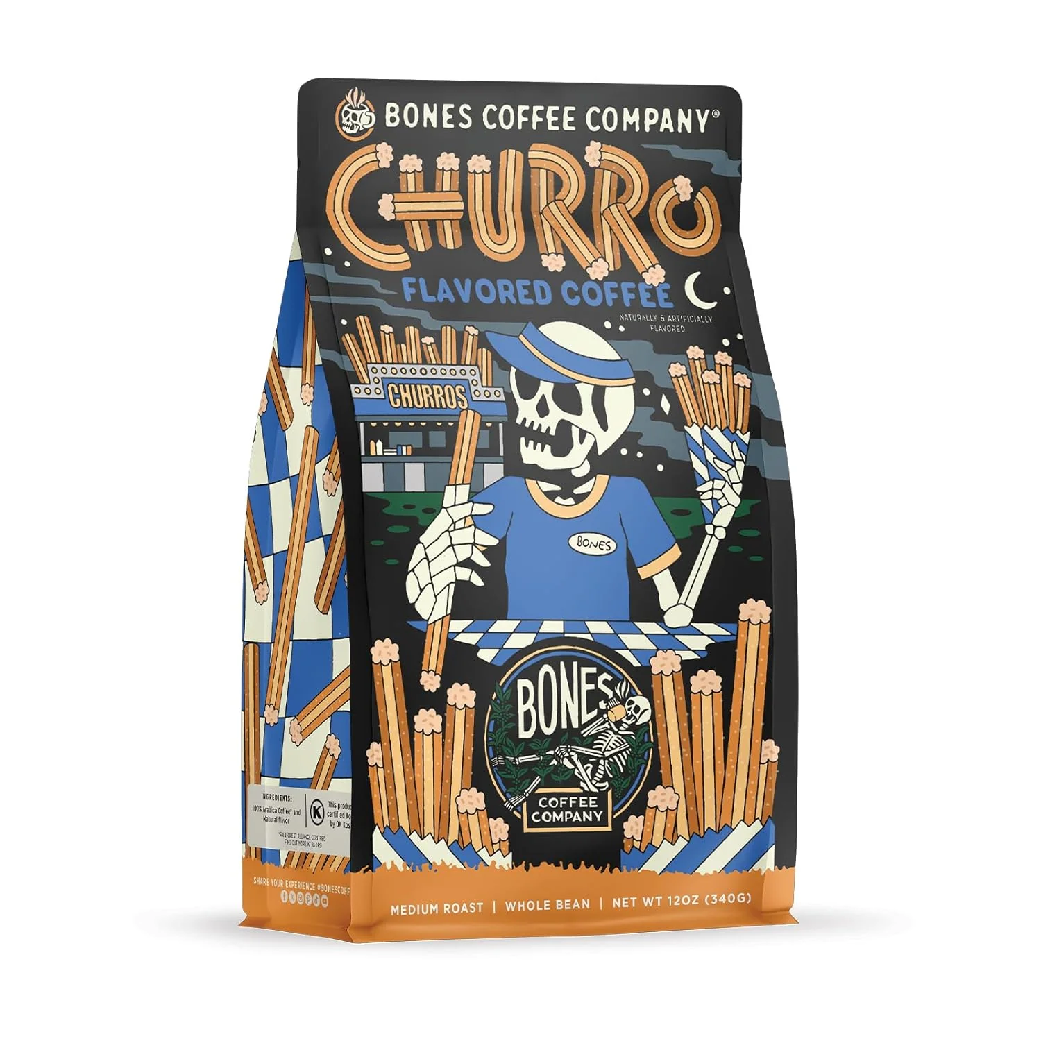 Casual Bones Coffee Company Churro Sweet Sugary Cinnamon Flavored Coffee Medium Roast Low Acid Arabica Beans Compatible with Auto drip and French Press Coffee Maker 12 Oz Whole Bean Sustainable
