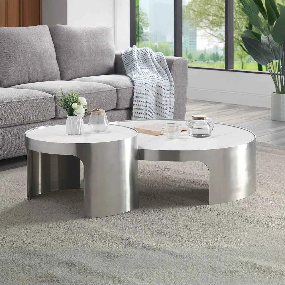 Efficient Abilene – Nesting Coffee Table Set – Marble Top Brush Silver Selected