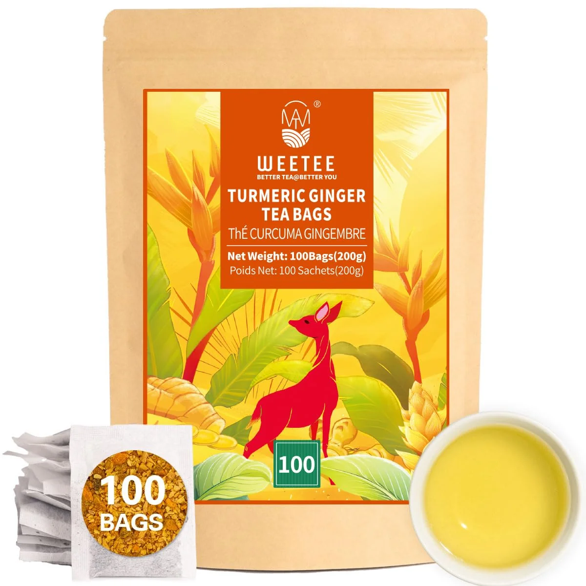 Stylish Turmeric Ginger Tea Bags – Pure Herbal Blend 100 Count High-Quality