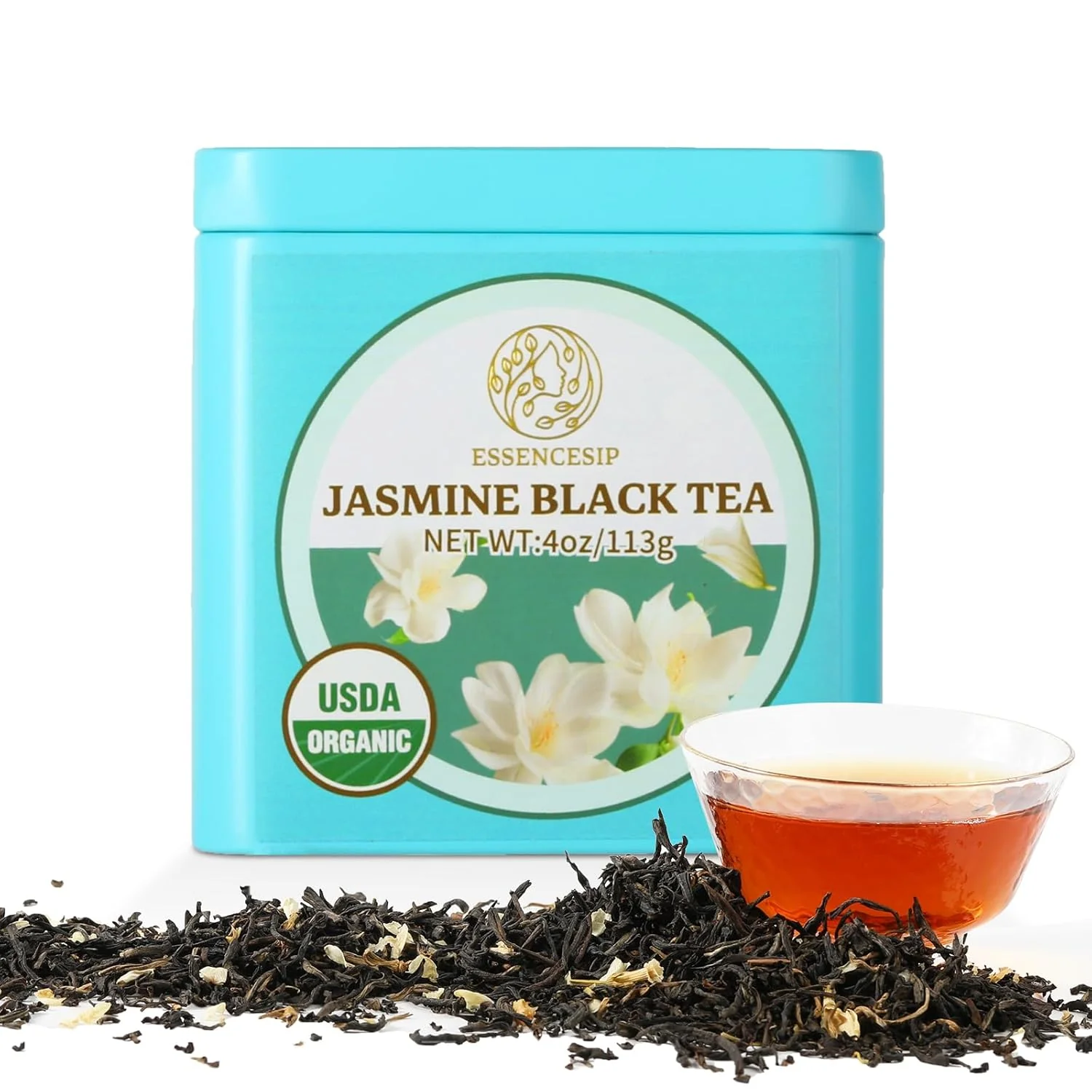 Convenient Essencesip Jasmine Black Tea – Floral Twist on Classic English Breakfast Style 4oz Organic Loose Leaf tea in Reusable Tin Artisan