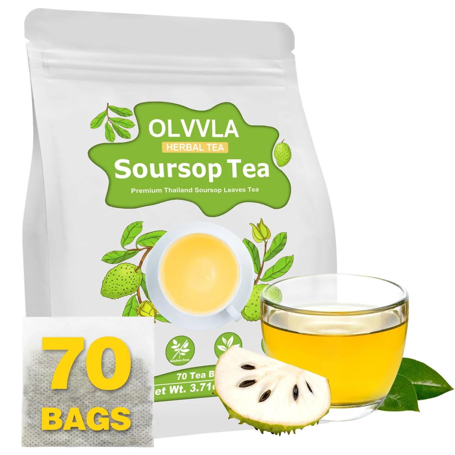 Stylish Olvvla – Premium Soursop Tea Bags – 1.5g X 70 Count – Pure Natural Soursop Leaves Tea – Caffeine- – Non-GMO – Sourced from Thailand High-Grade
