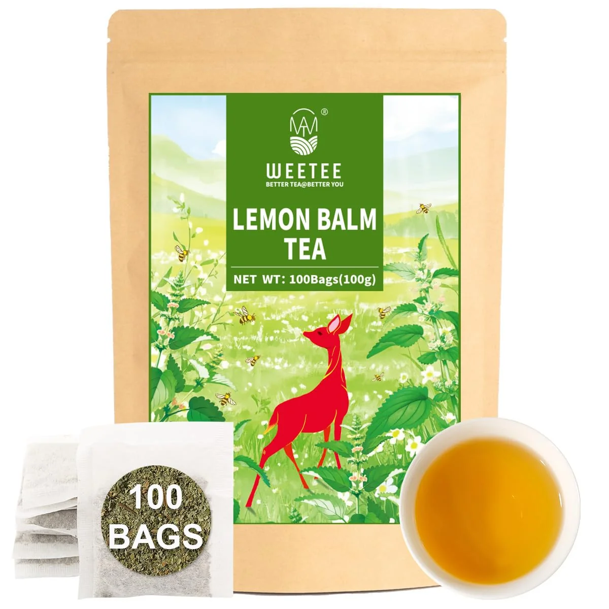 Contemporary WT Weetee Lemon Balm Tea Bags 100 Count Pure Lemon Balm Leaves Honey Scented with a Delicate Lemon Flavor Caffeine- Herbal Tea Expertly Made
