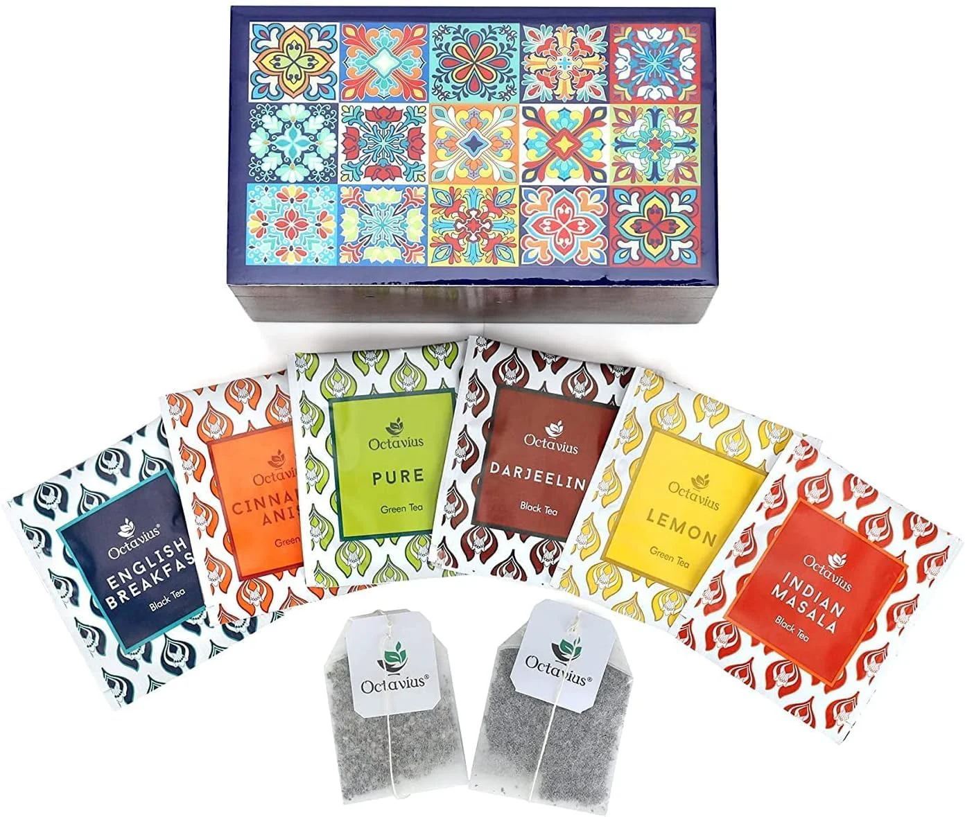 Versatile Octavius Tile Motif Wooden Caddy Tea Sampler Pack Assortment of 3 Black 3 Green Teas 30 Enveloped Double Chamber Tea Bags Advanced